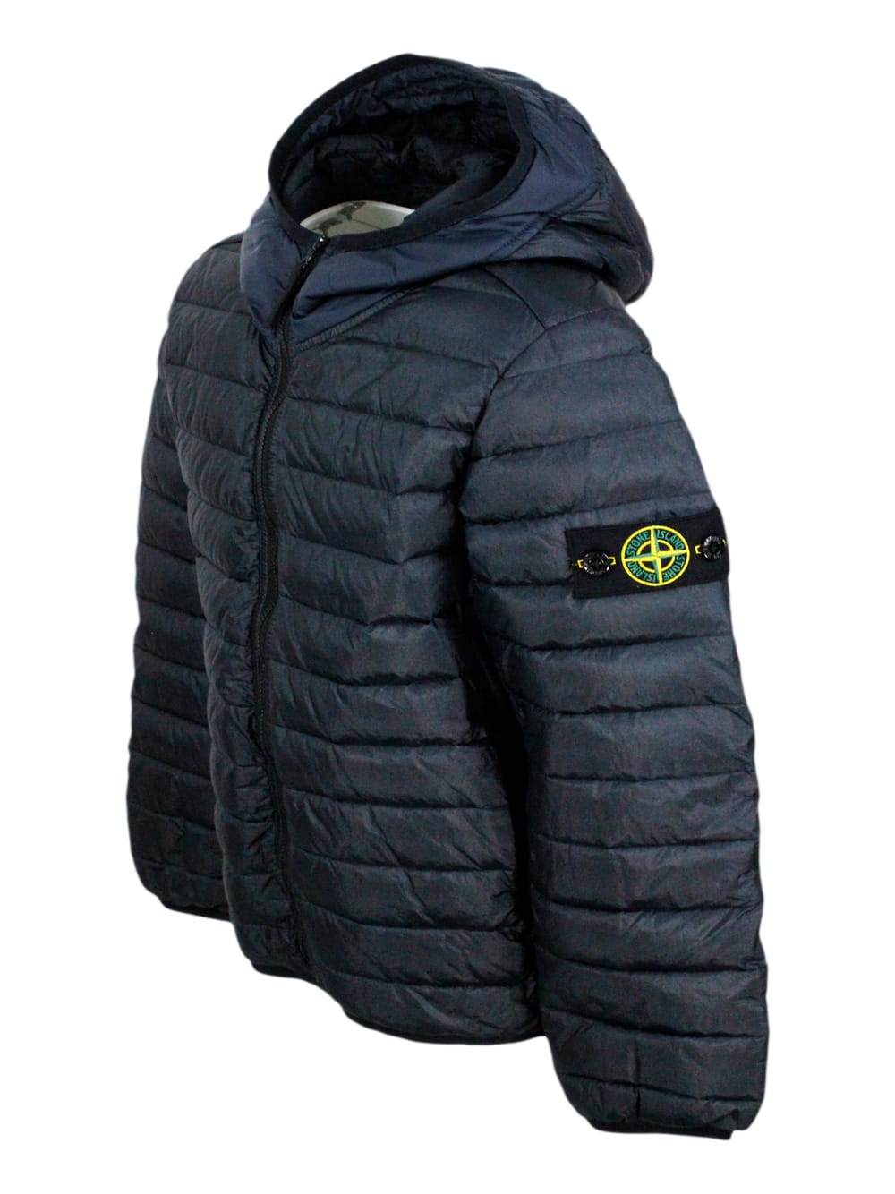 Stone Island 100 Gram Padded Down Jacket Made Of Recycled Crunchy Nylon. Zip Closure, Hood And Logo On The Sleeve In Blu