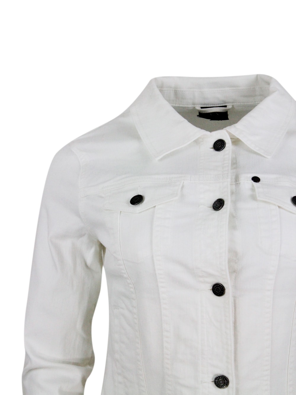 Shop Armani Collezioni Denim Jacket With Patch Pockets On The Chest, Side Welt Pockets And Button Closure In White