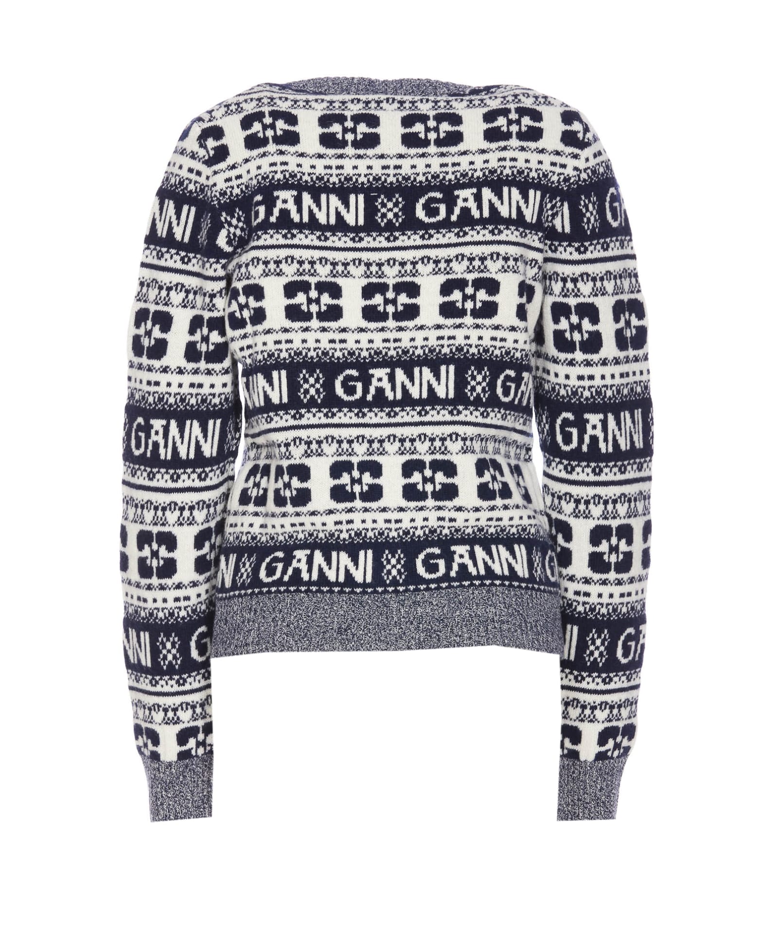 Shop Ganni Logo Wool Mix O-neck Sweater In Blue