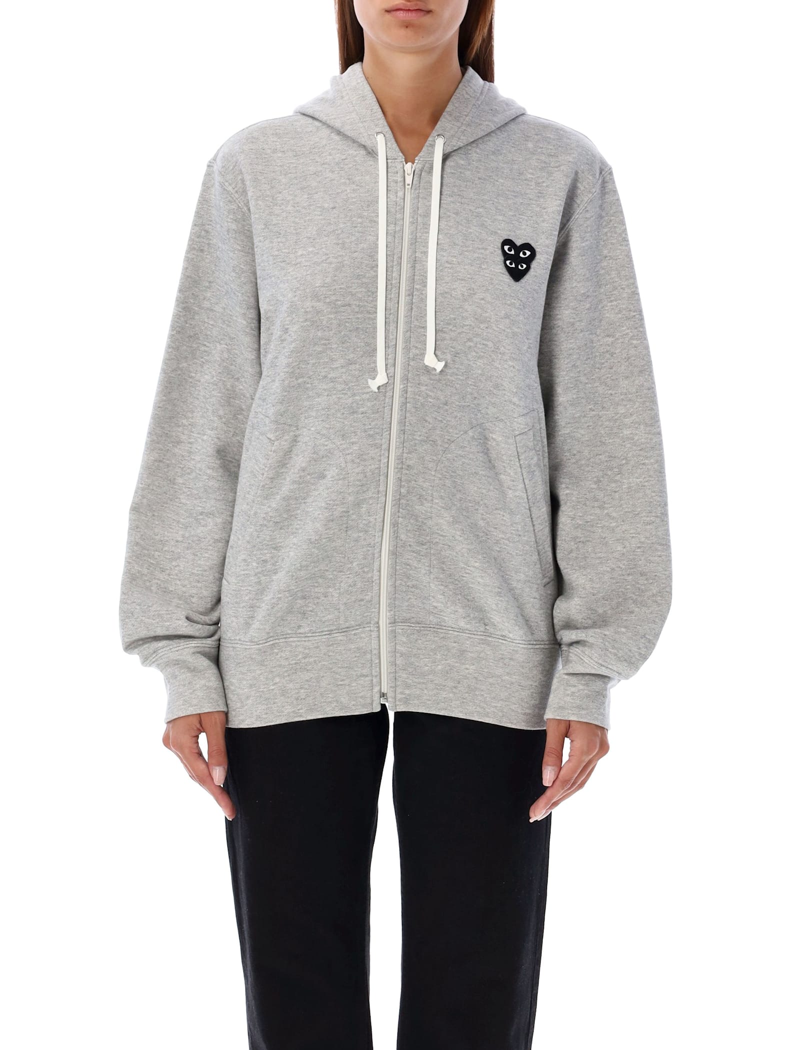 Shop Comme Des Garçons Play Zipped Hoodie With Black Double-heart Patch In Grey