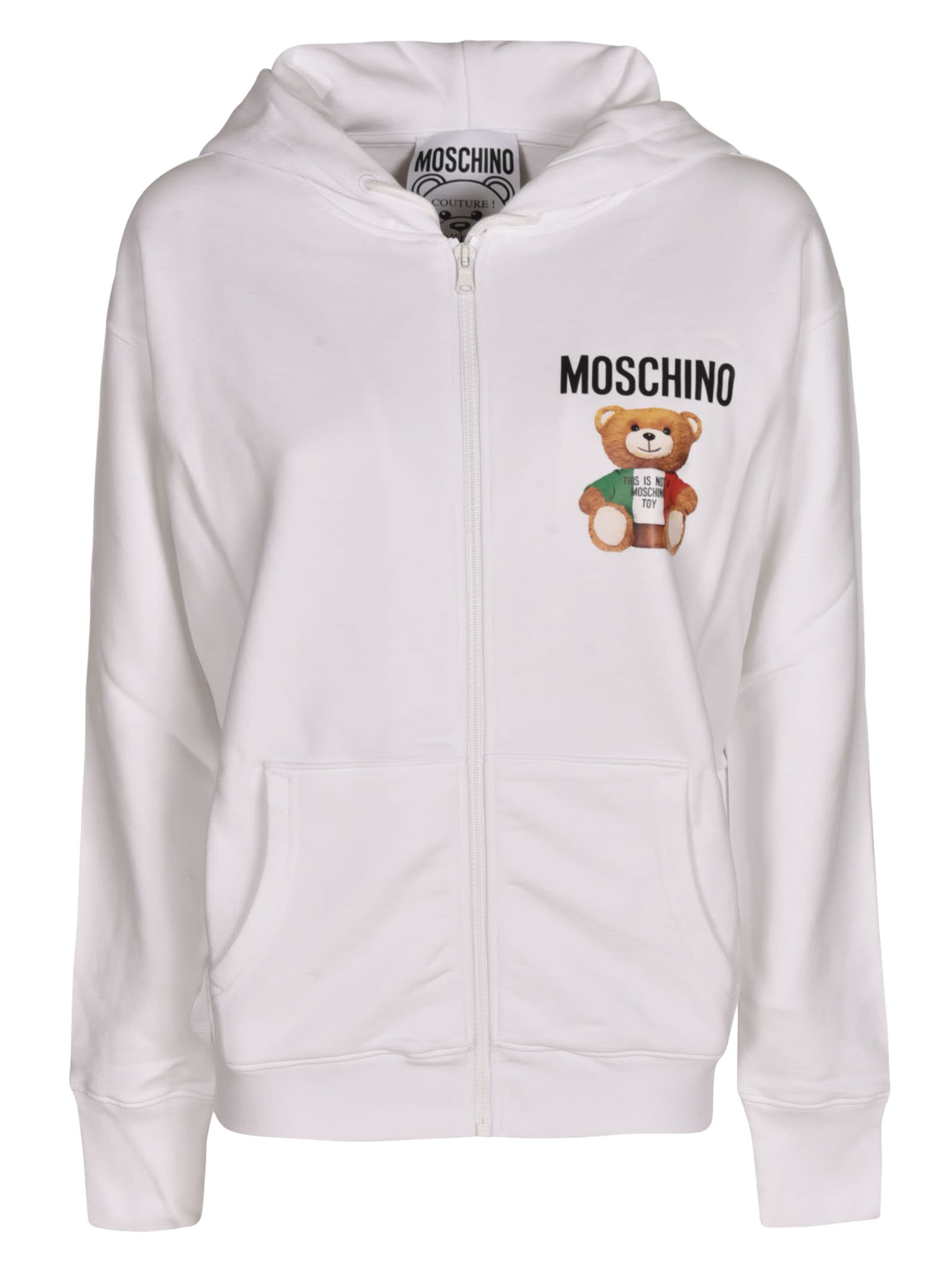 Moschino Bear Logo Zip Hoodie In White