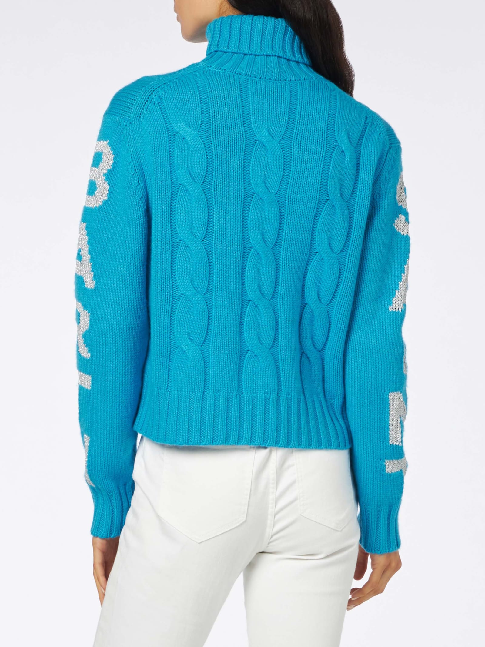 Shop Mc2 Saint Barth Woman Turtleneck Braided Sweater With Saint Barth Jacquard Print In Sky