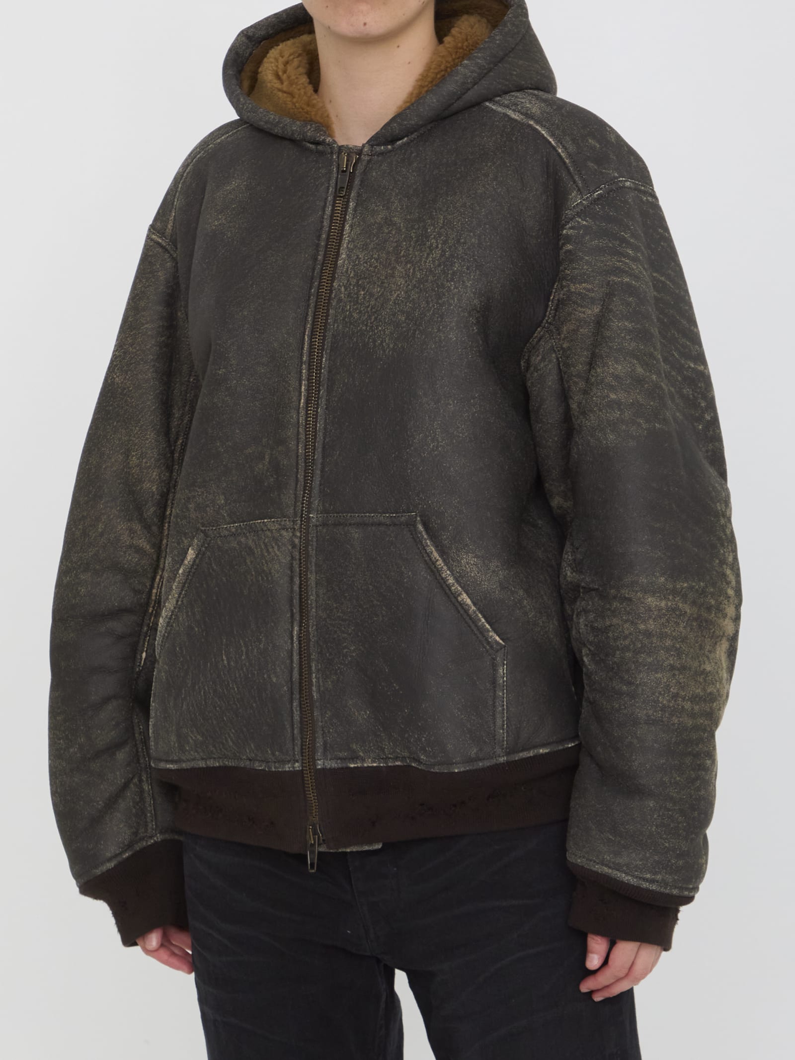 Shop Balenciaga Hoodie Shearling Jacket In Brown