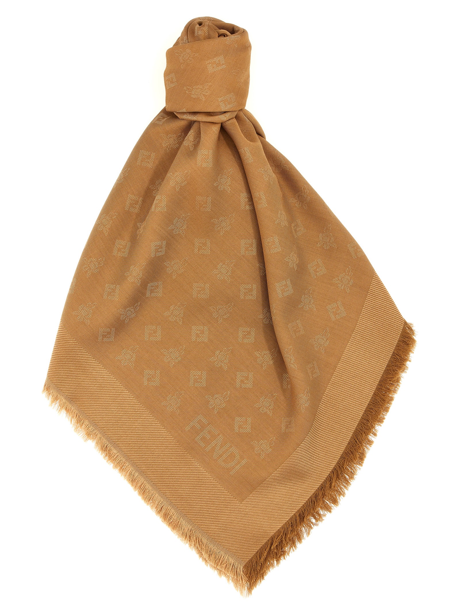 Fendi Monogram Square Shawl Fringed Edges In Brown