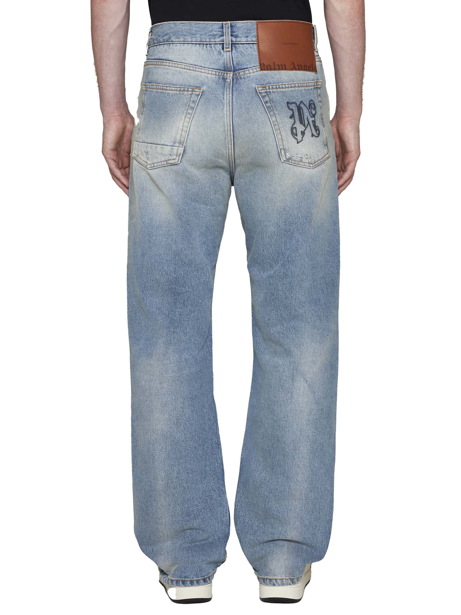 Palm Angels Loose-fit Jeans In Blue Denim With Pa Monogram In Light Blue