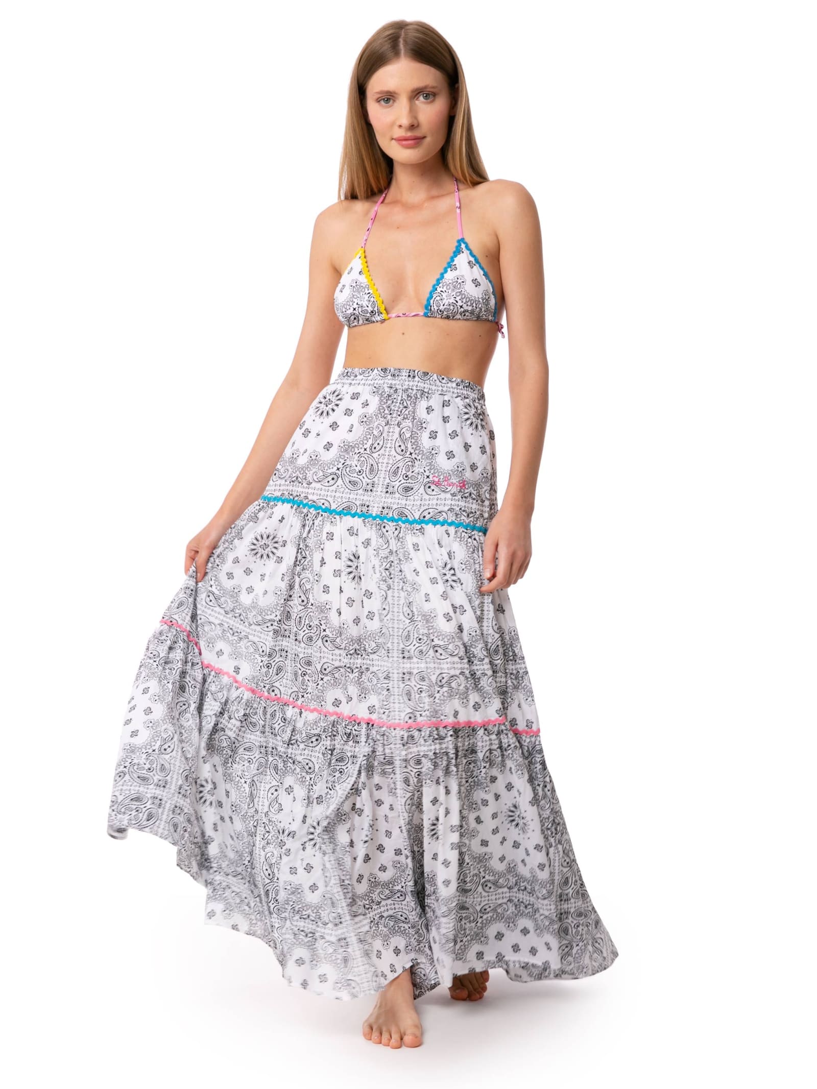 Mc2 Saint Barth Woman Cotton Long Skirt With Bandanna Print In White