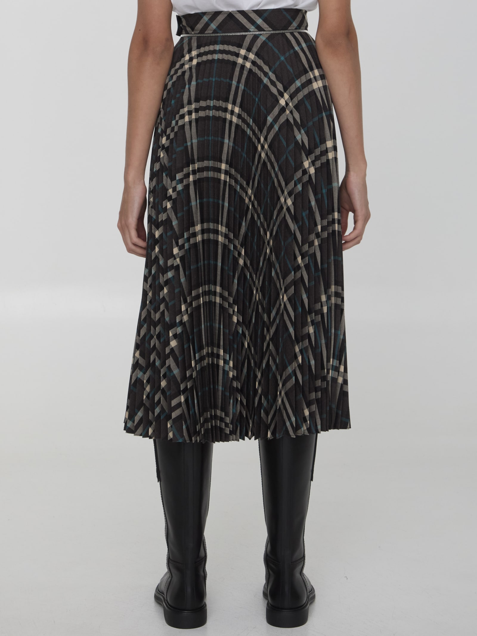 Shop Burberry Check Pleated Skirt In Green