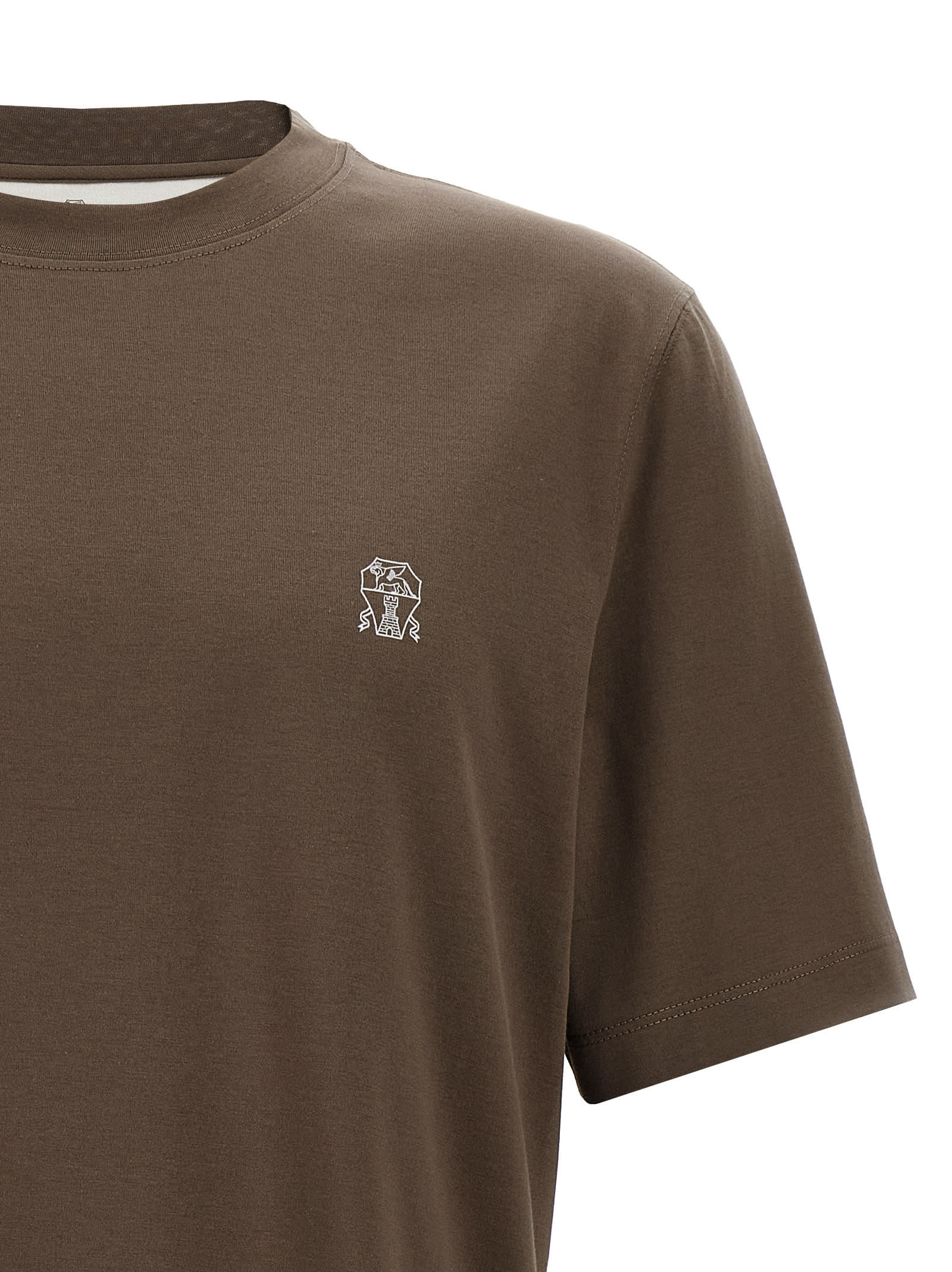 Brunello Cucinelli Printed Logo Crew Neck T-shirt With Side Slits In Brown