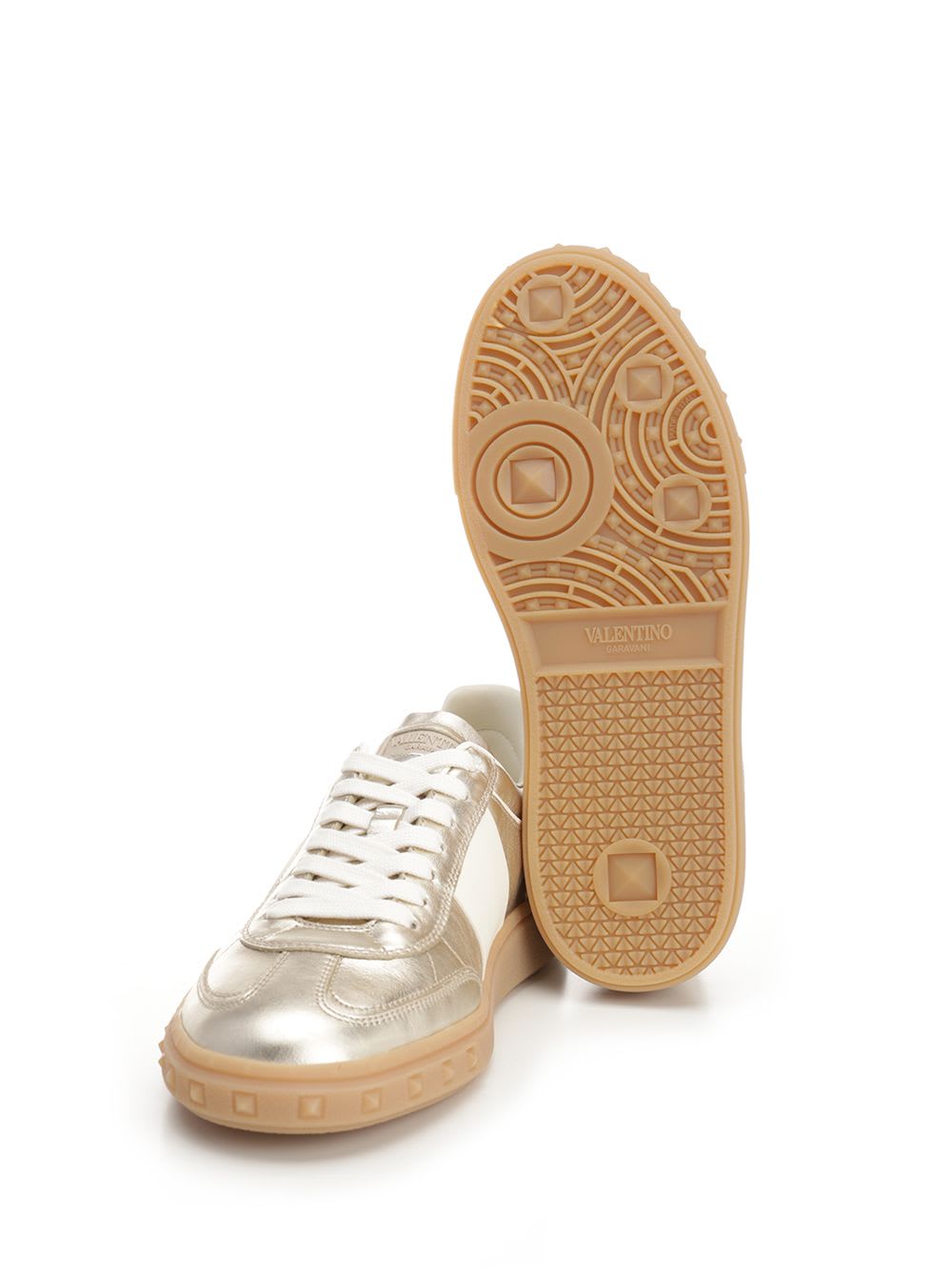 Valentino Garavani Upvillage Panelled Metallic Leather Sneakers In Beige