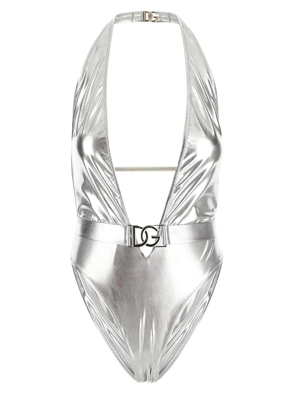 Shop Dolce & Gabbana Metallic Logo Swimsuit In Silver