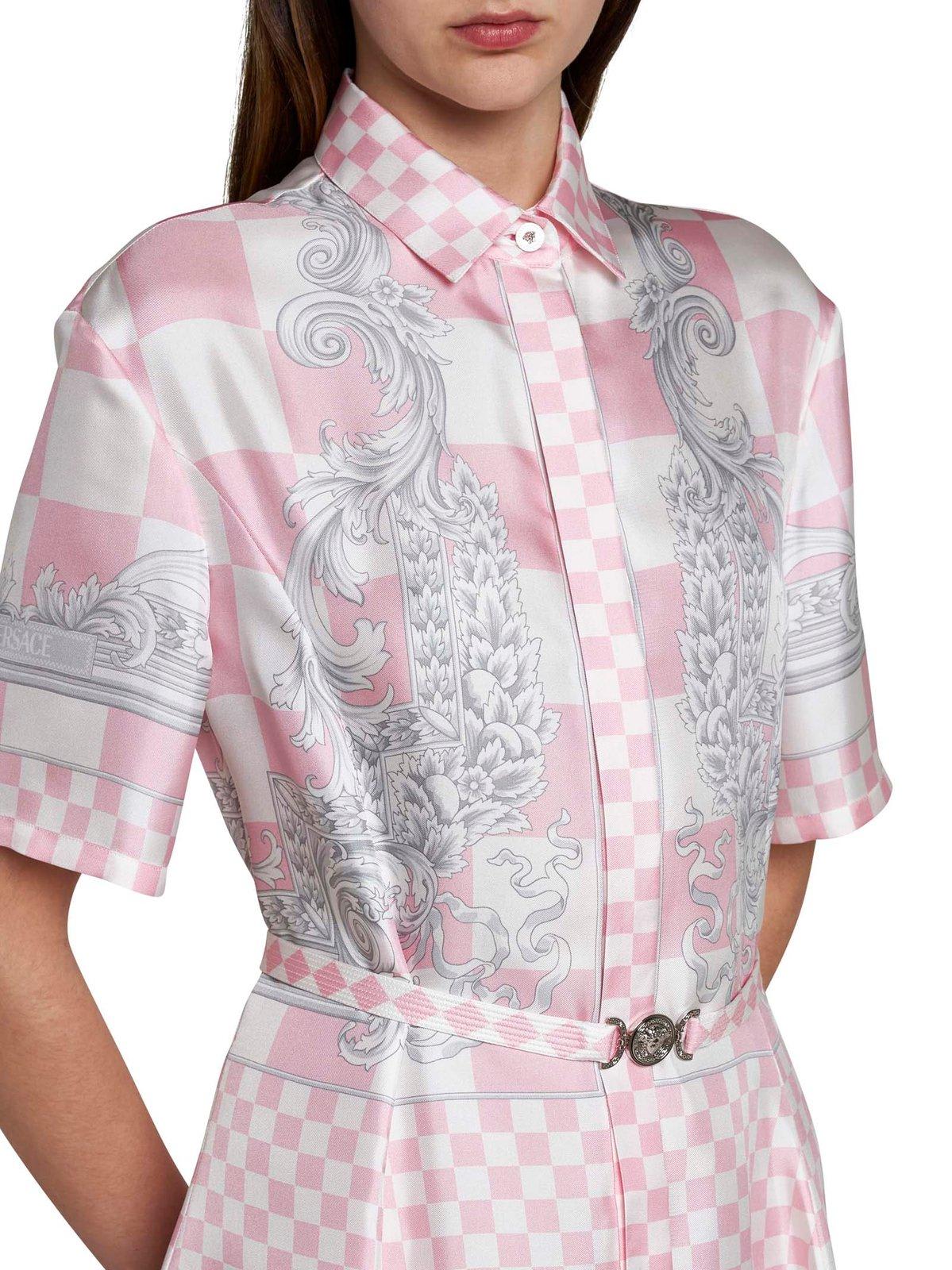 Shop Versace Barocco-printed Belted Shirt Dress In Rosa E Bianco