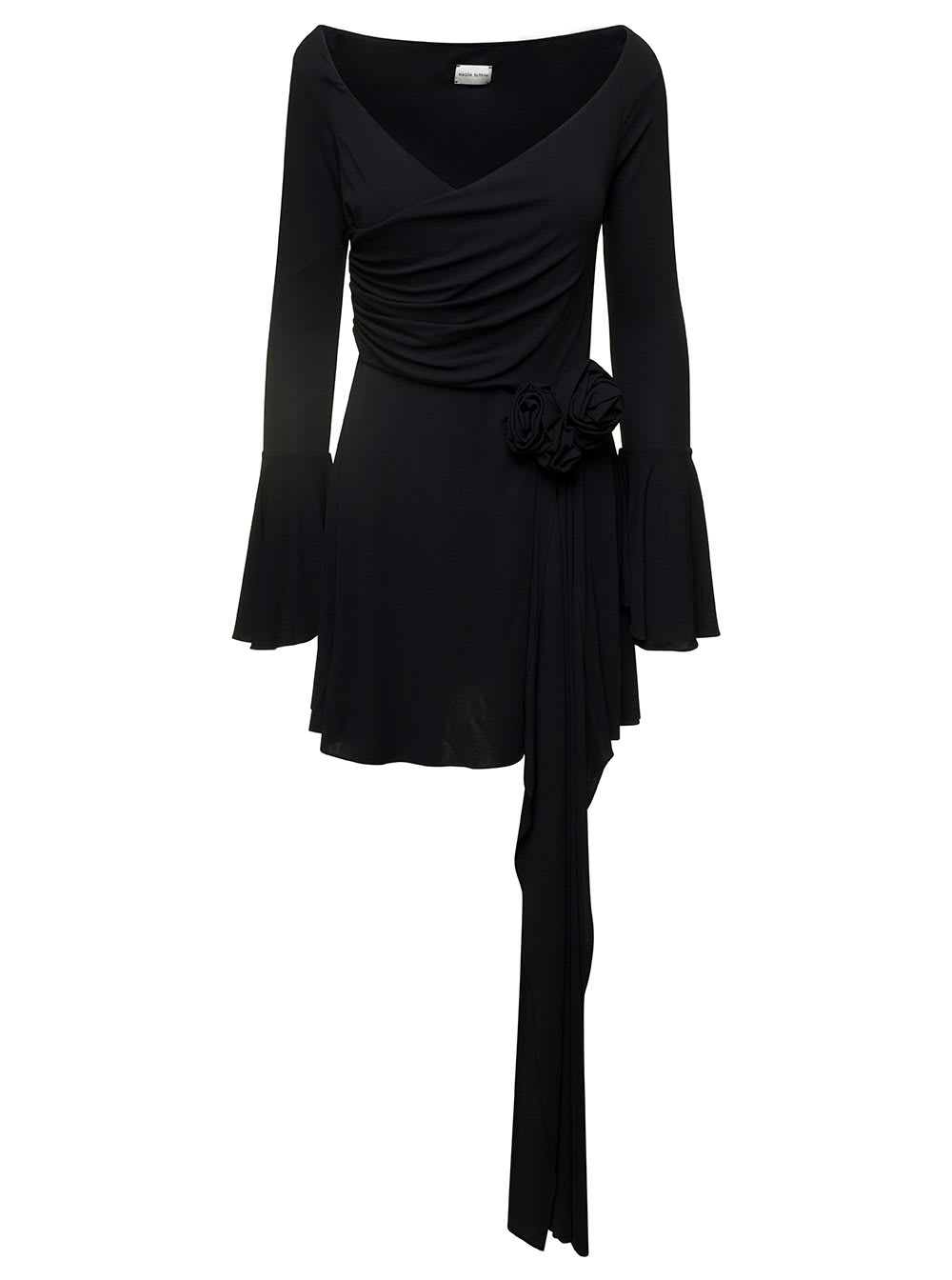 Magda Butrym Black Fluted Mini Dress With Rose-appliquè In Viscose Woman
