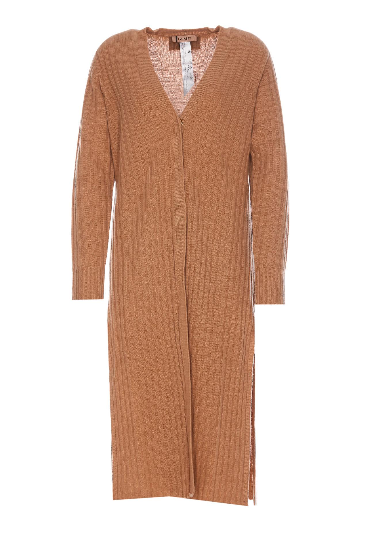 Twinset Longline Ribbed Cardigan In Brown
