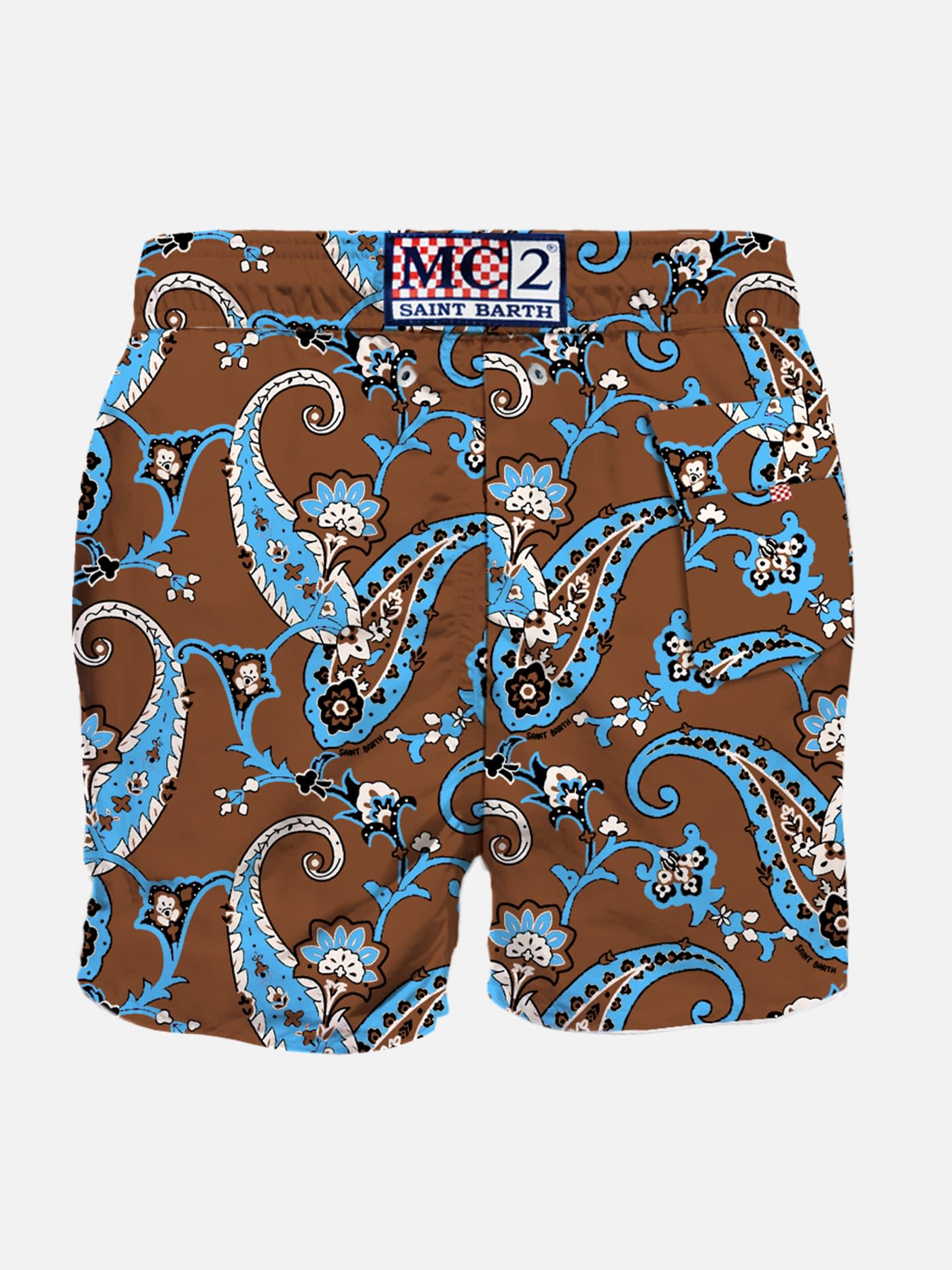 Shop Mc2 Saint Barth Man Linen Swim Shorts With Paisley Print In Brown