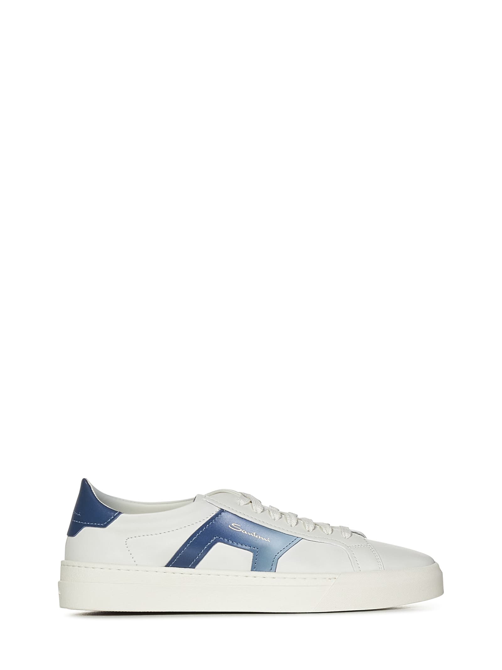 White And Blue Leather Buckle Sneakers