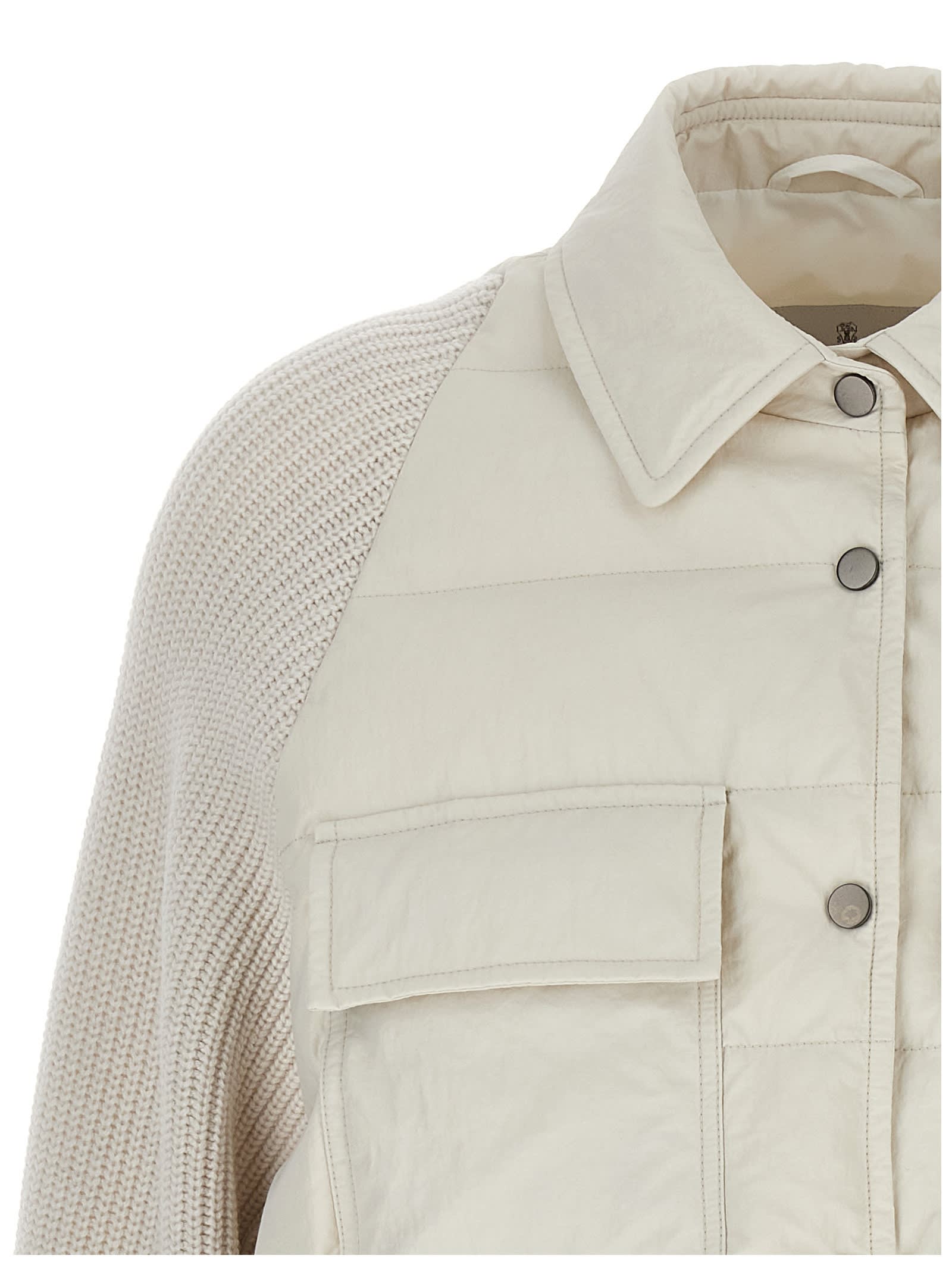 Brunello Cucinelli Two-material Down Jacket With Shiny Flap Detail In Gray