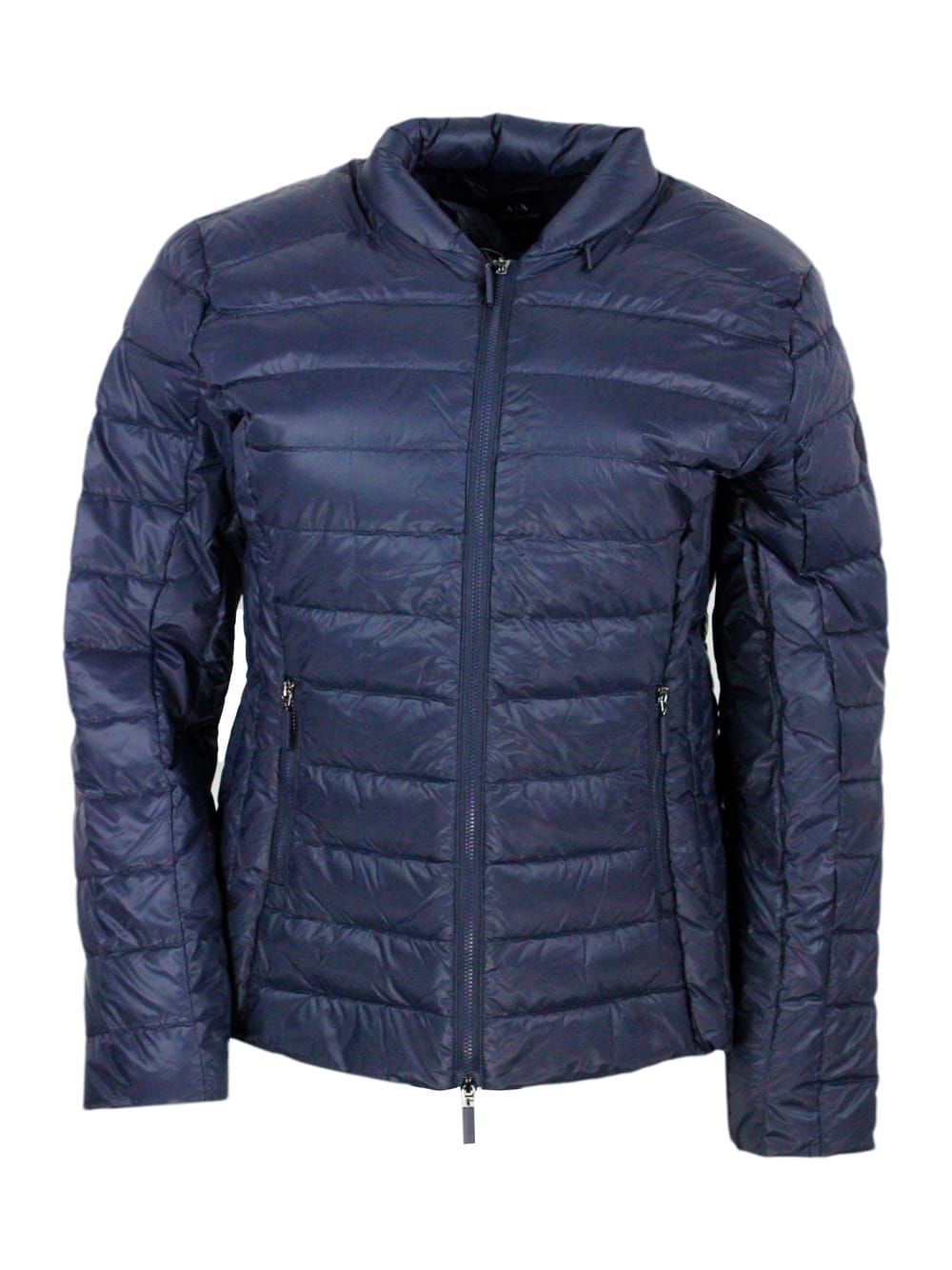 Armani Collezioni Lightweight 100 Gram Slim Down Jacket With Integrated Concealed Hood And Zip Closure In Blu