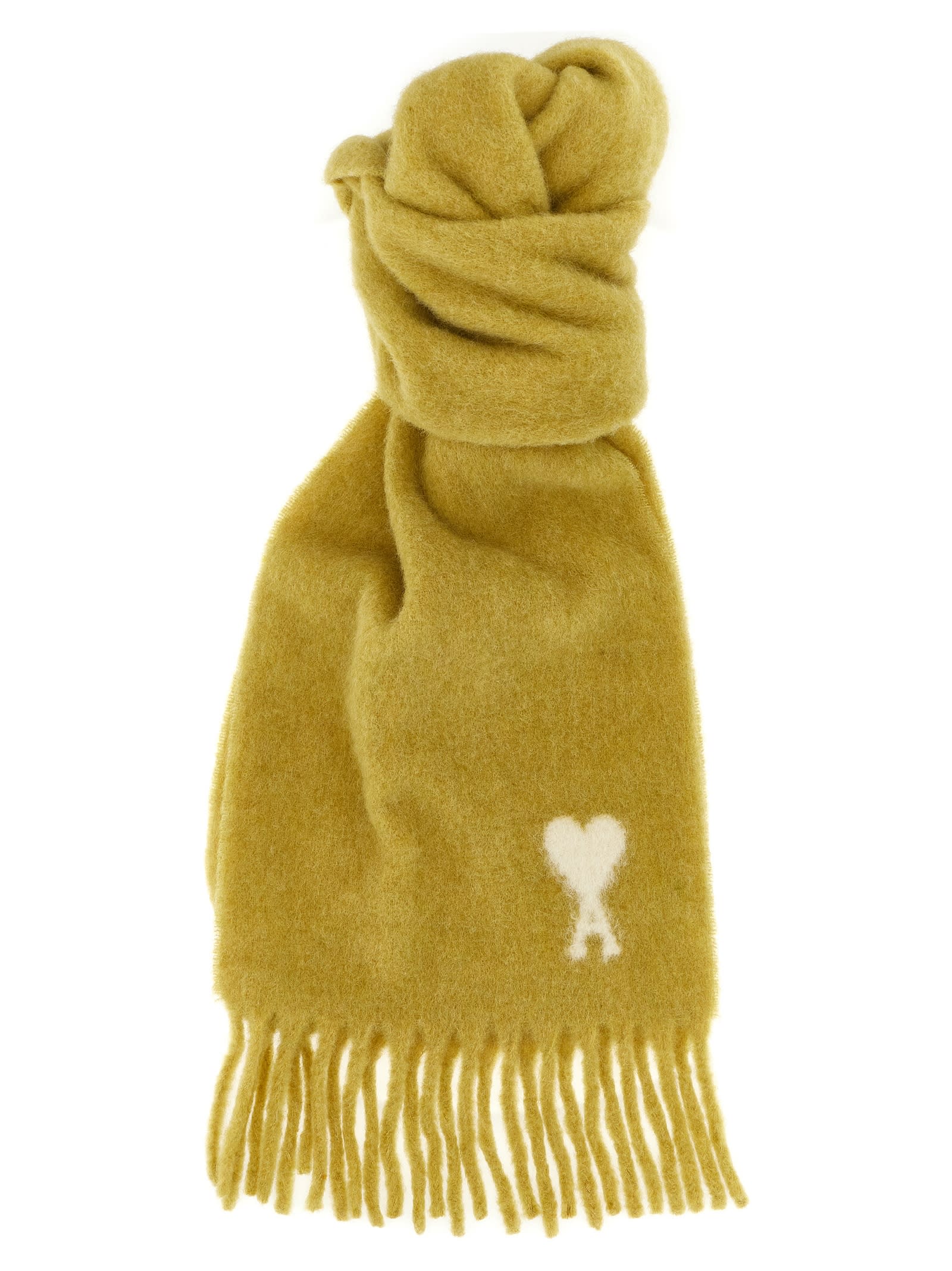 Ami Alexandre Mattiussi Heart Motif Scarf Fringed Edges In Yellow