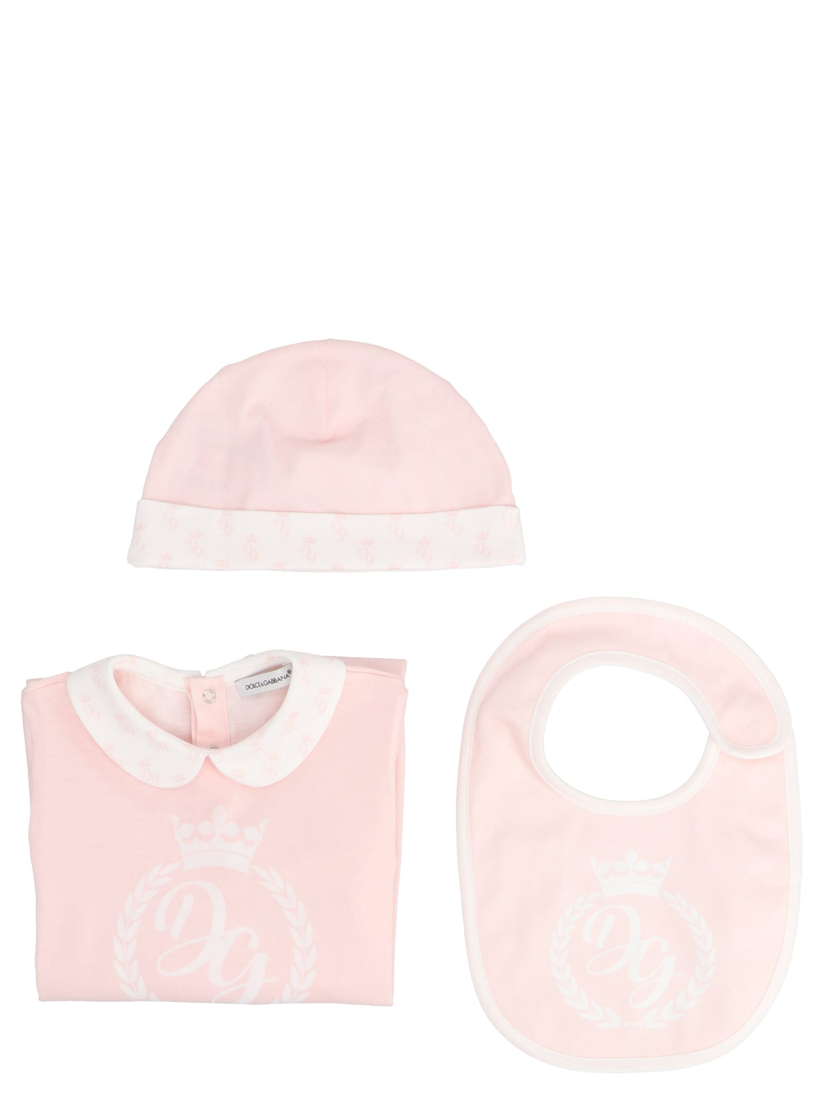 Dolce & Gabbana Sleepsuit + Bib + Beanie Baby Set In Pink