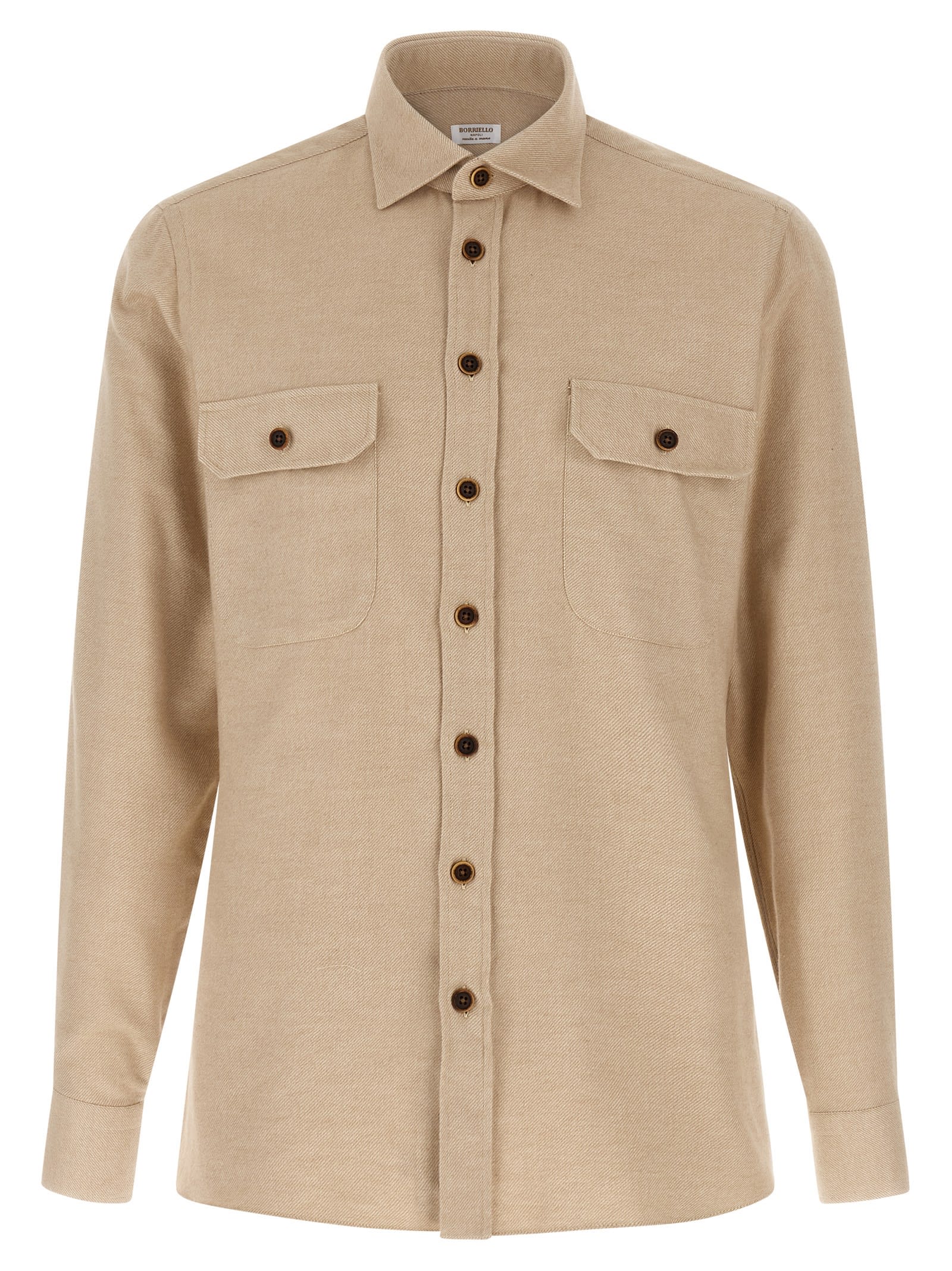 Borriello Napoli Cotton Flannel Shirt With Structured Collar In Brown