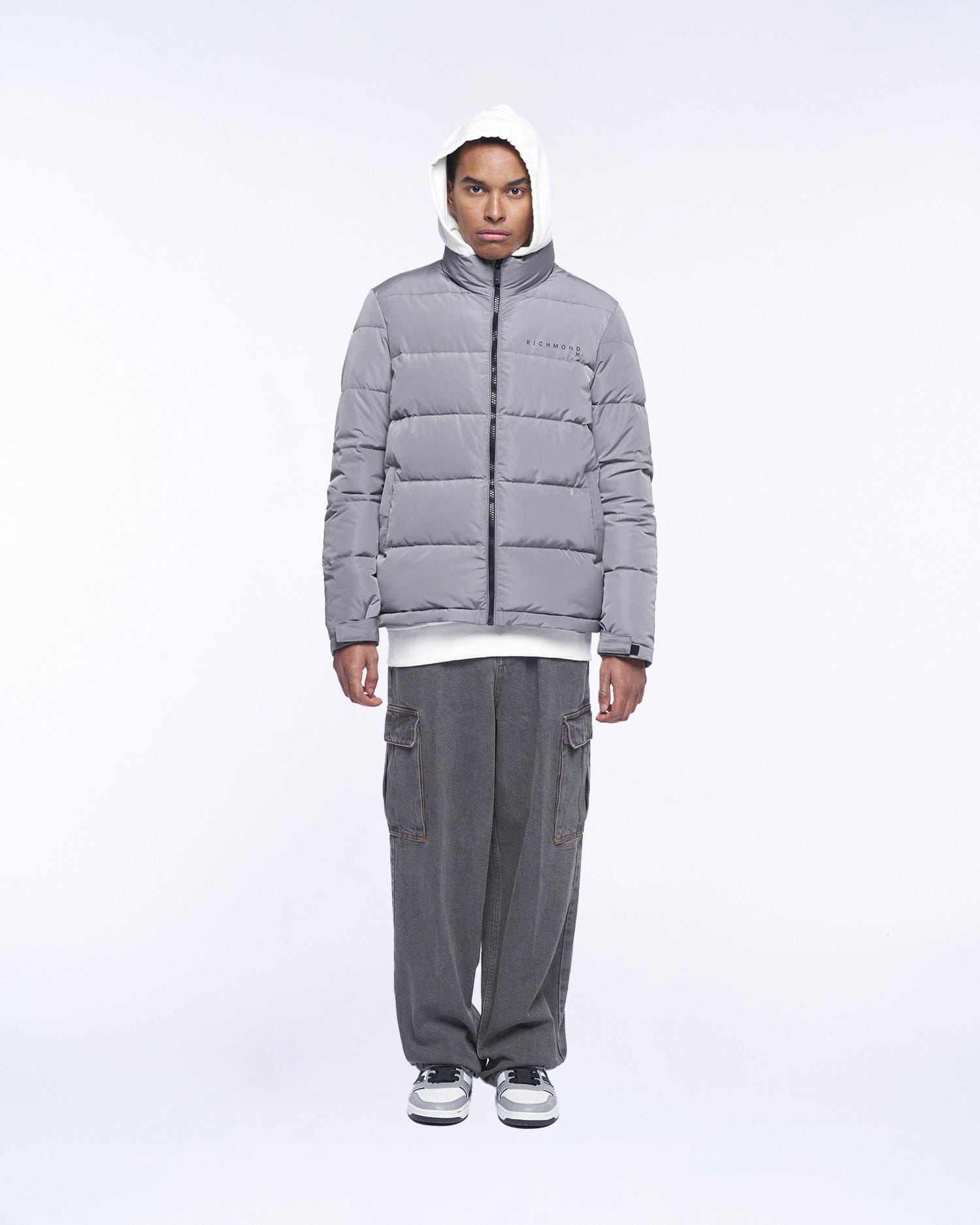 Shop John Richmond Down Jacket With Logo In Grigio