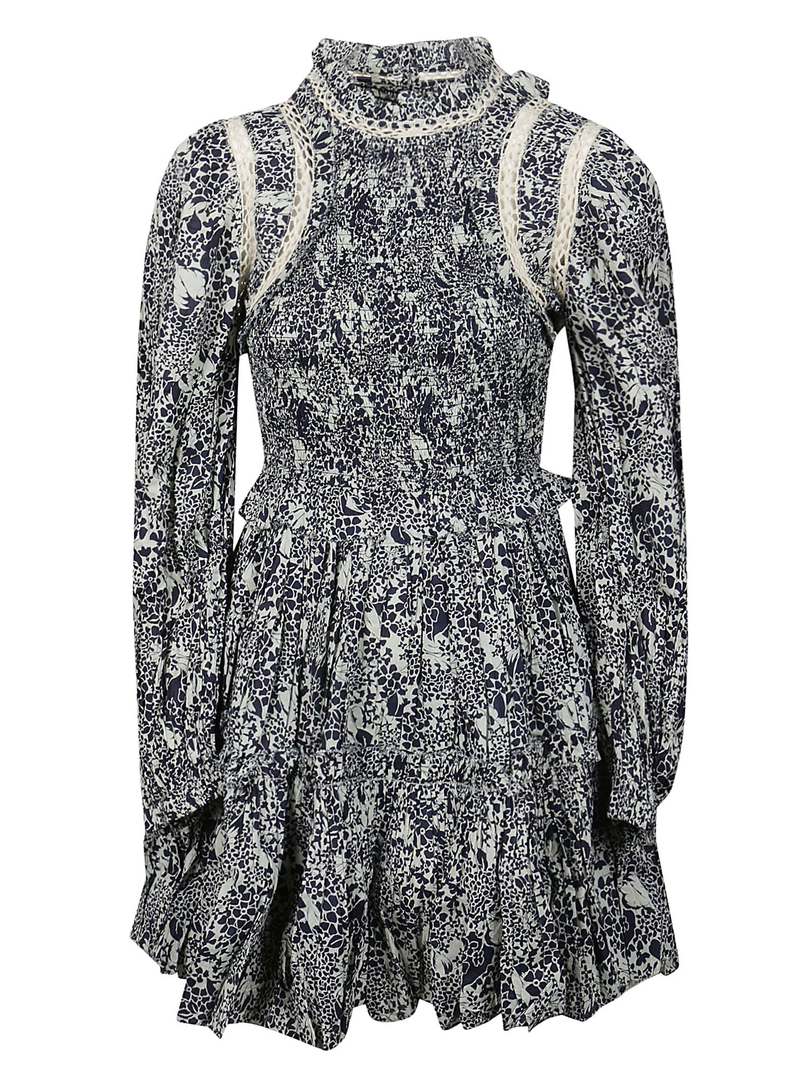 Sea New York Priya Print Long Sleeve Smocked Dress In Navy