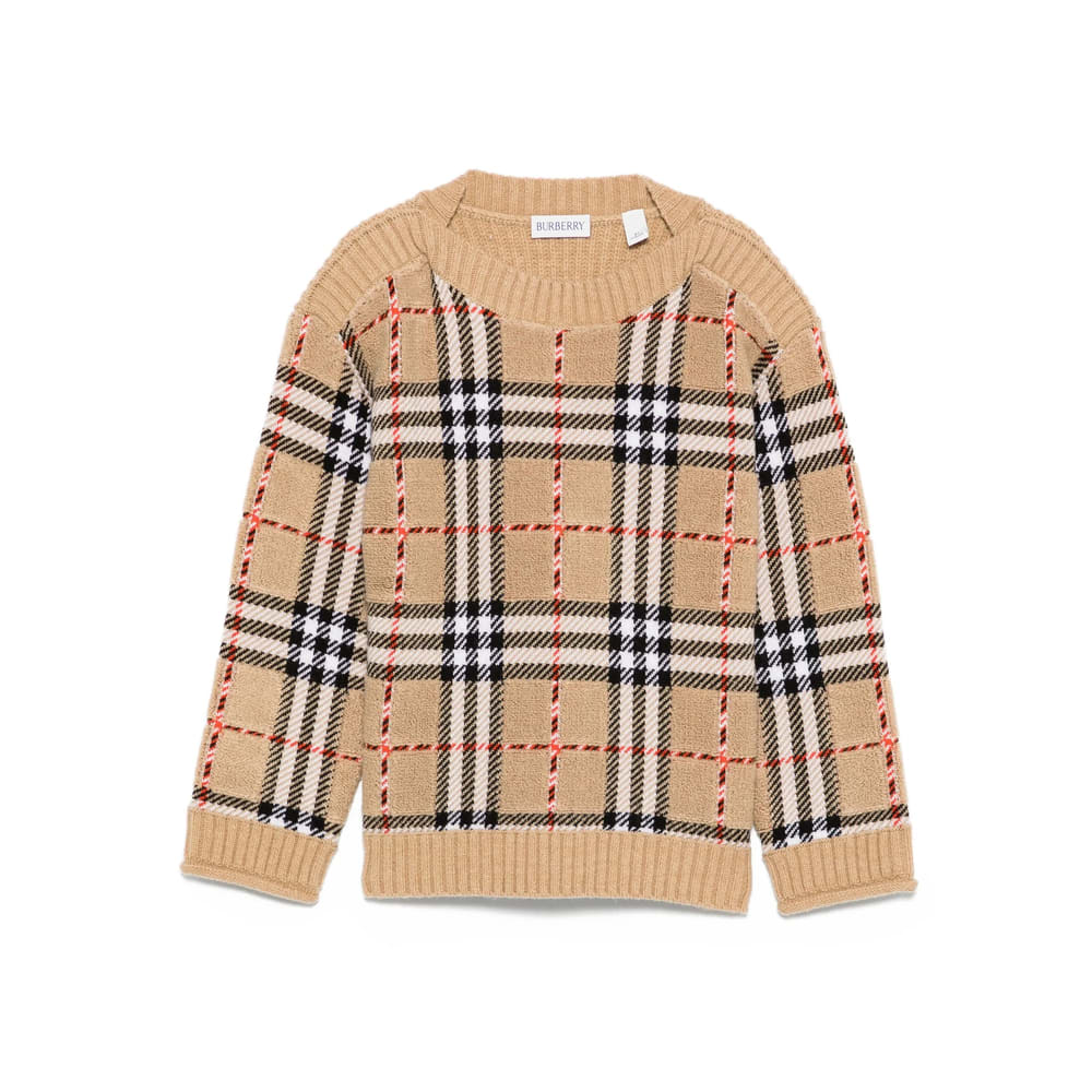 Burberry Kids Beige Signature Check Pattern Long Sleeves Crew Neck Wool Knitted In Brown