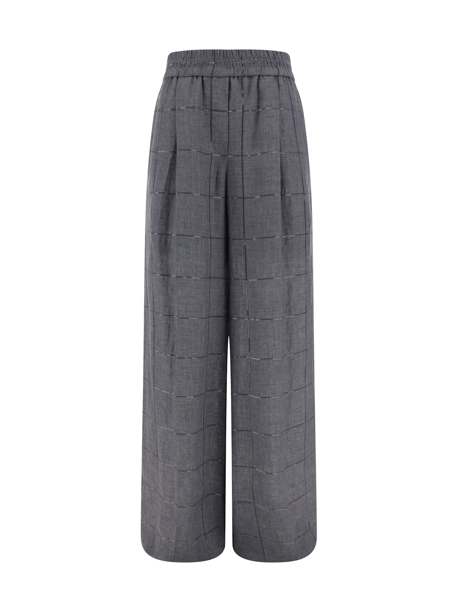 Brunello Cucinelli Check Linen Palazzo Trousers With Sequin Detail