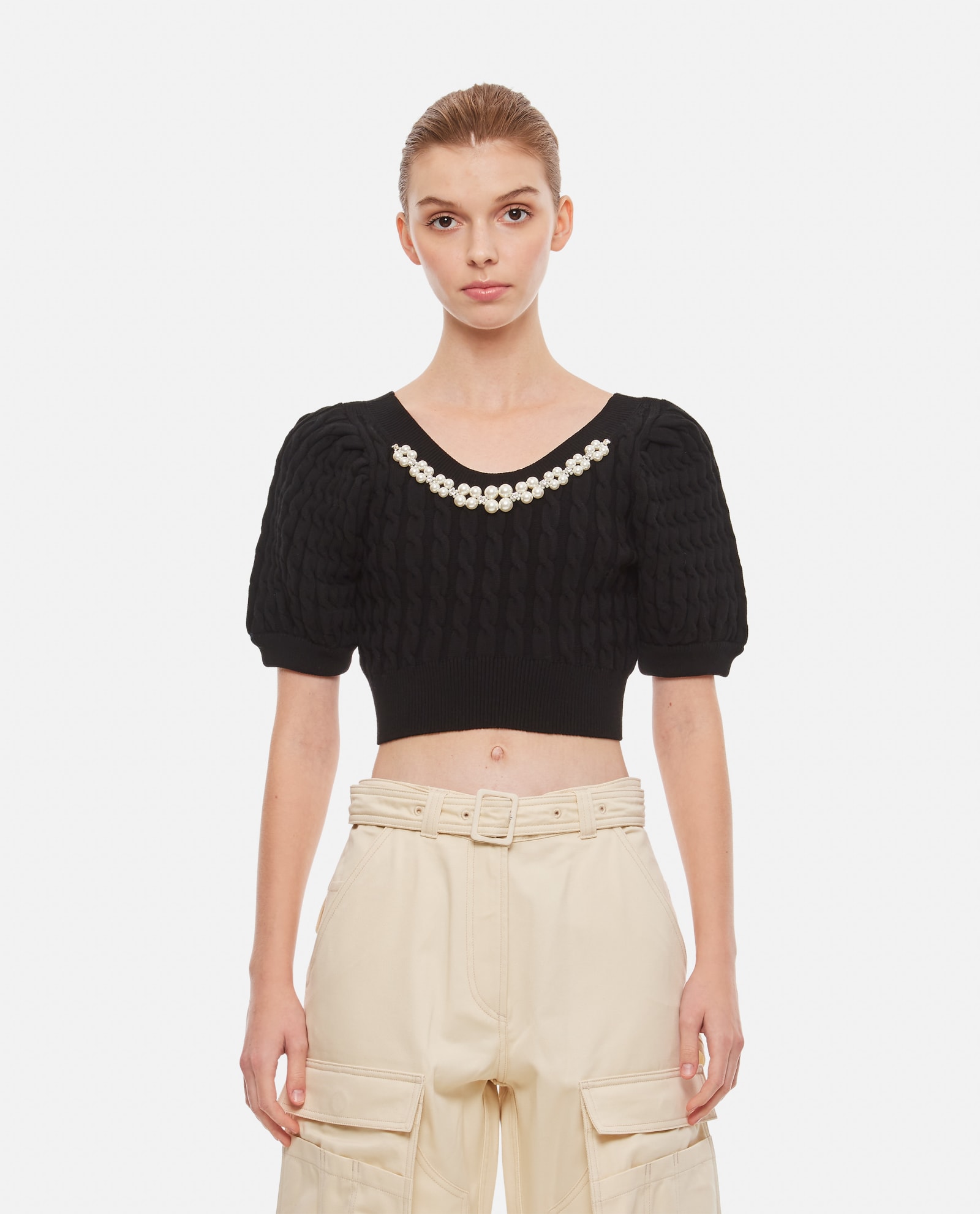 Cropped Puff Sleeve Open Neck Cable Top