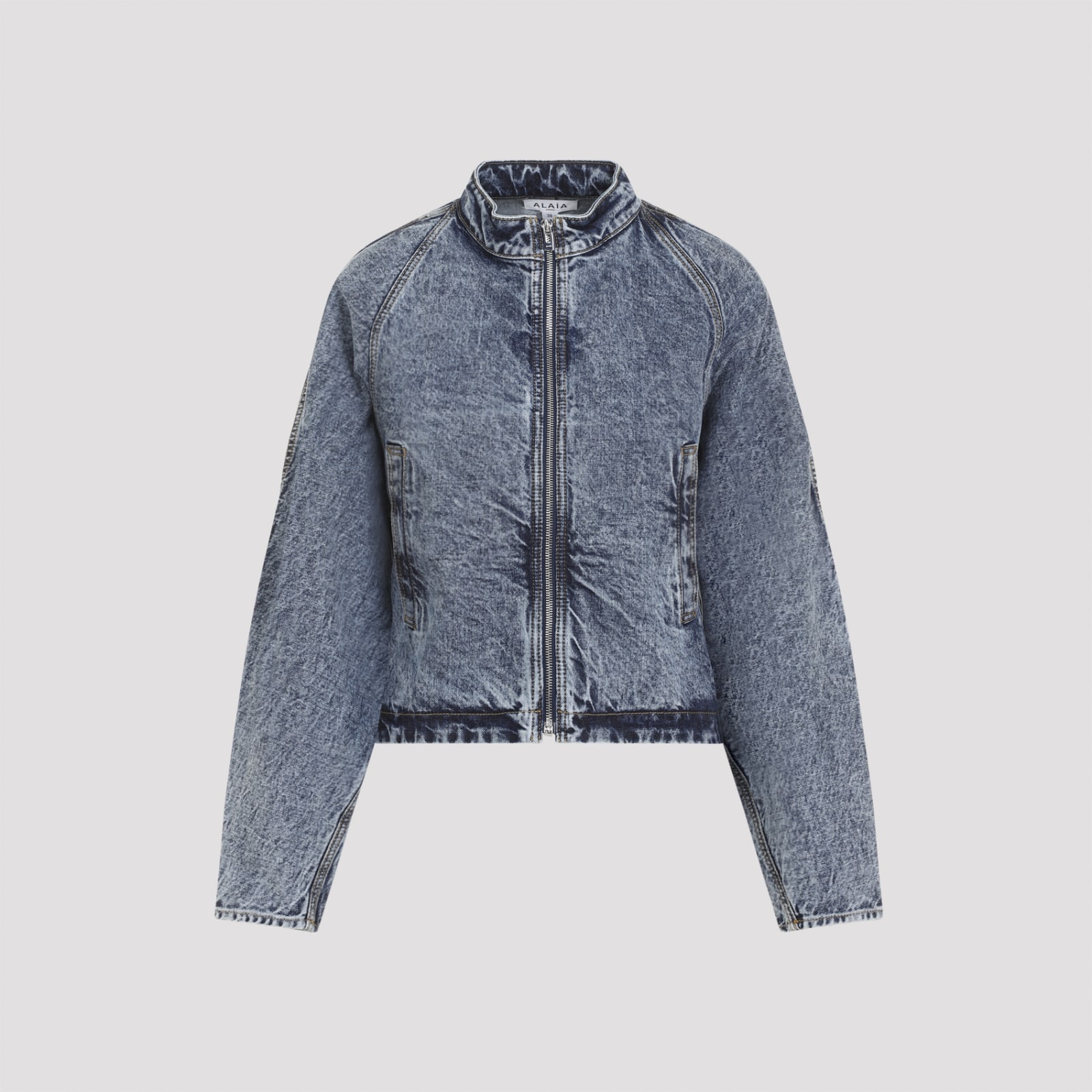 Shop Alaïa Snow Denim Round Jacket In Bleu Neige