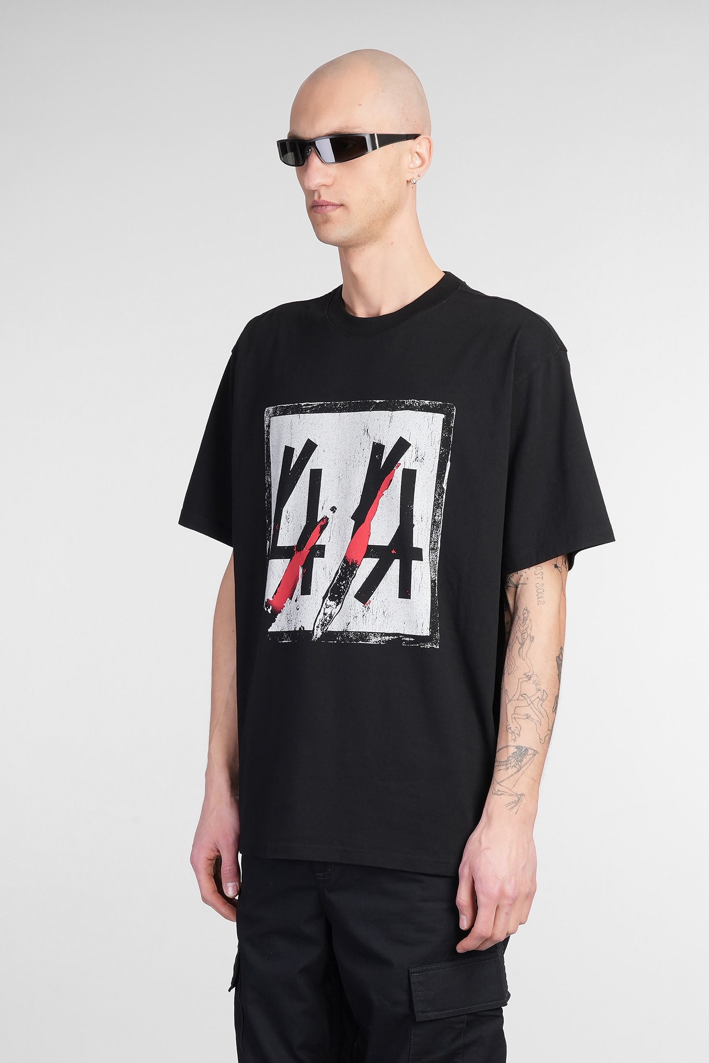 44 Label Group 'sticka' Black Crewneck T-shirt With Maxi Print On The Front And Logo Lettering On The Rear In Black