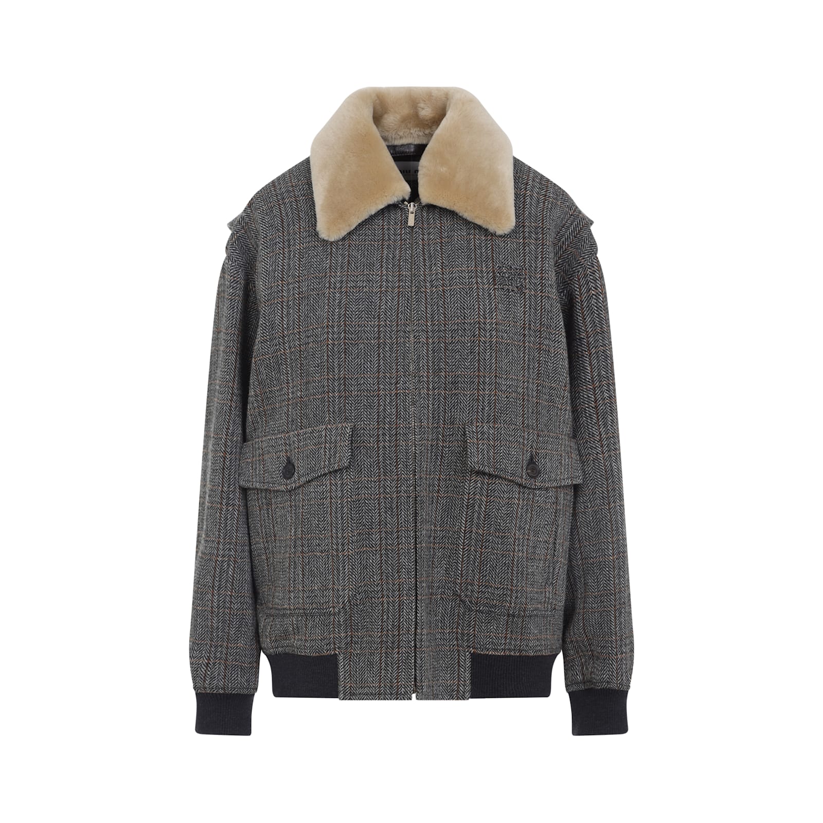 Miu Miu Blouson Wool Shearling Collar In Gray
