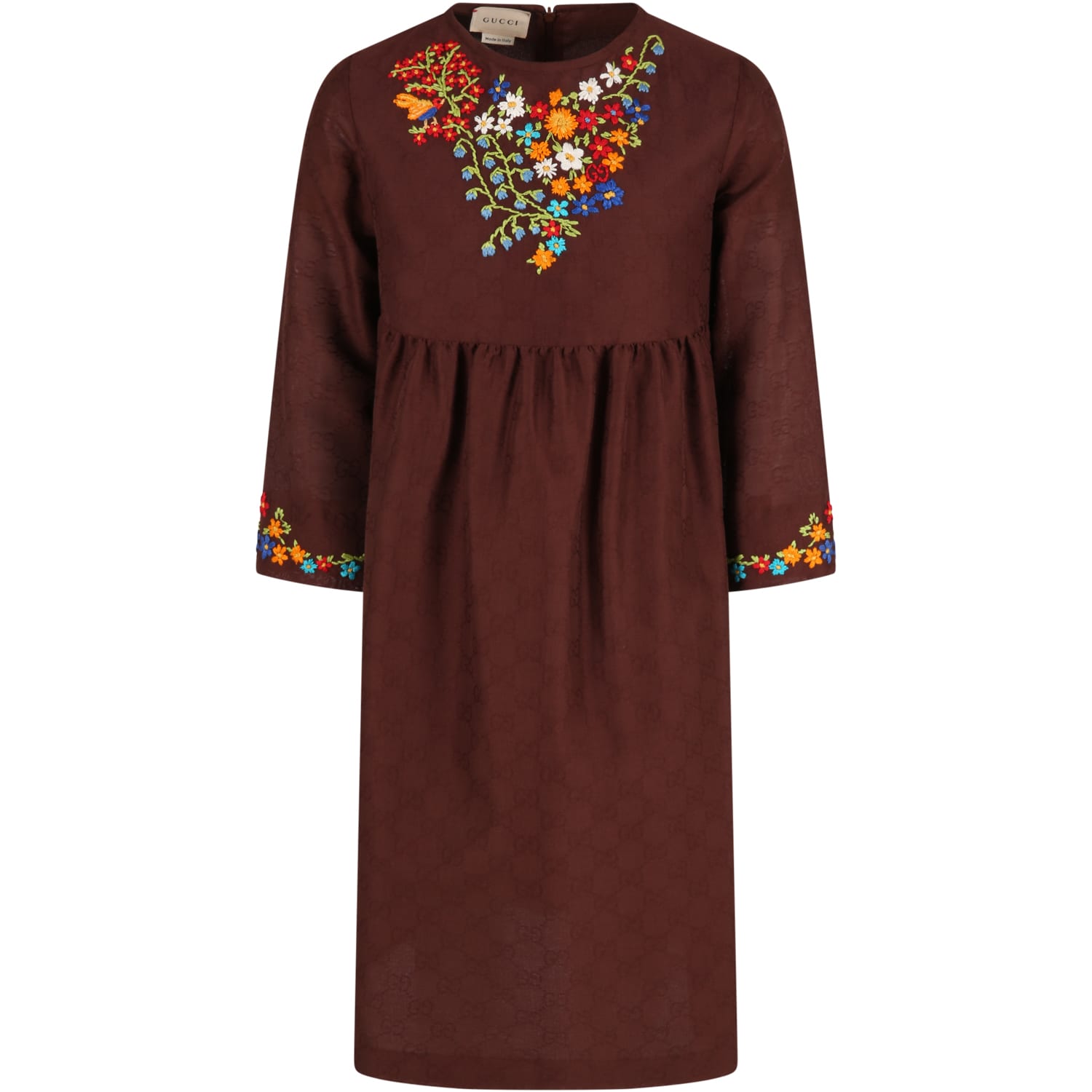 Gucci Brown Dress For Girl With Colorful Flowers
