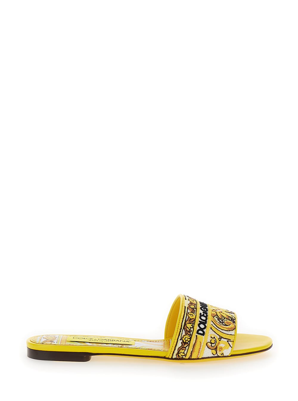 Shop Dolce & Gabbana Yellow Sliders With Embroidered Majolica Pattern In Cotton And Leather Woman