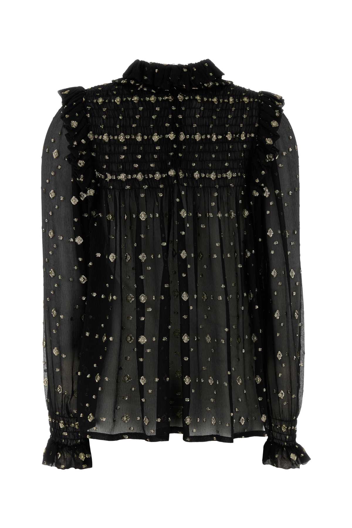 Saint Laurent Embroidered Crepe Blouse With Ruffles And Smocked Yoke In Black