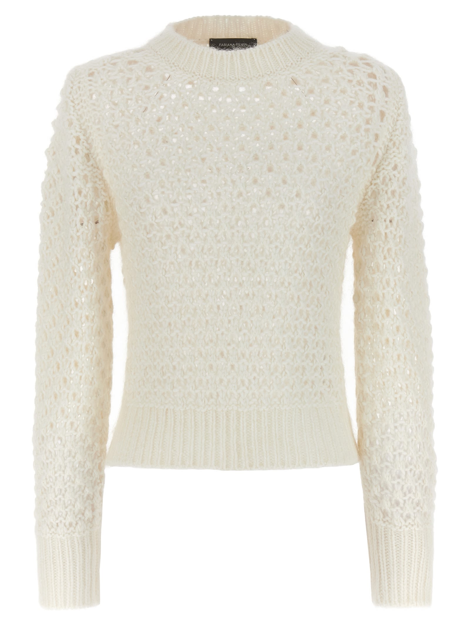 Fabiana Filippi White Crewneck Sweater With Ribbed Trim In Tricot Wool Blend Woman In White