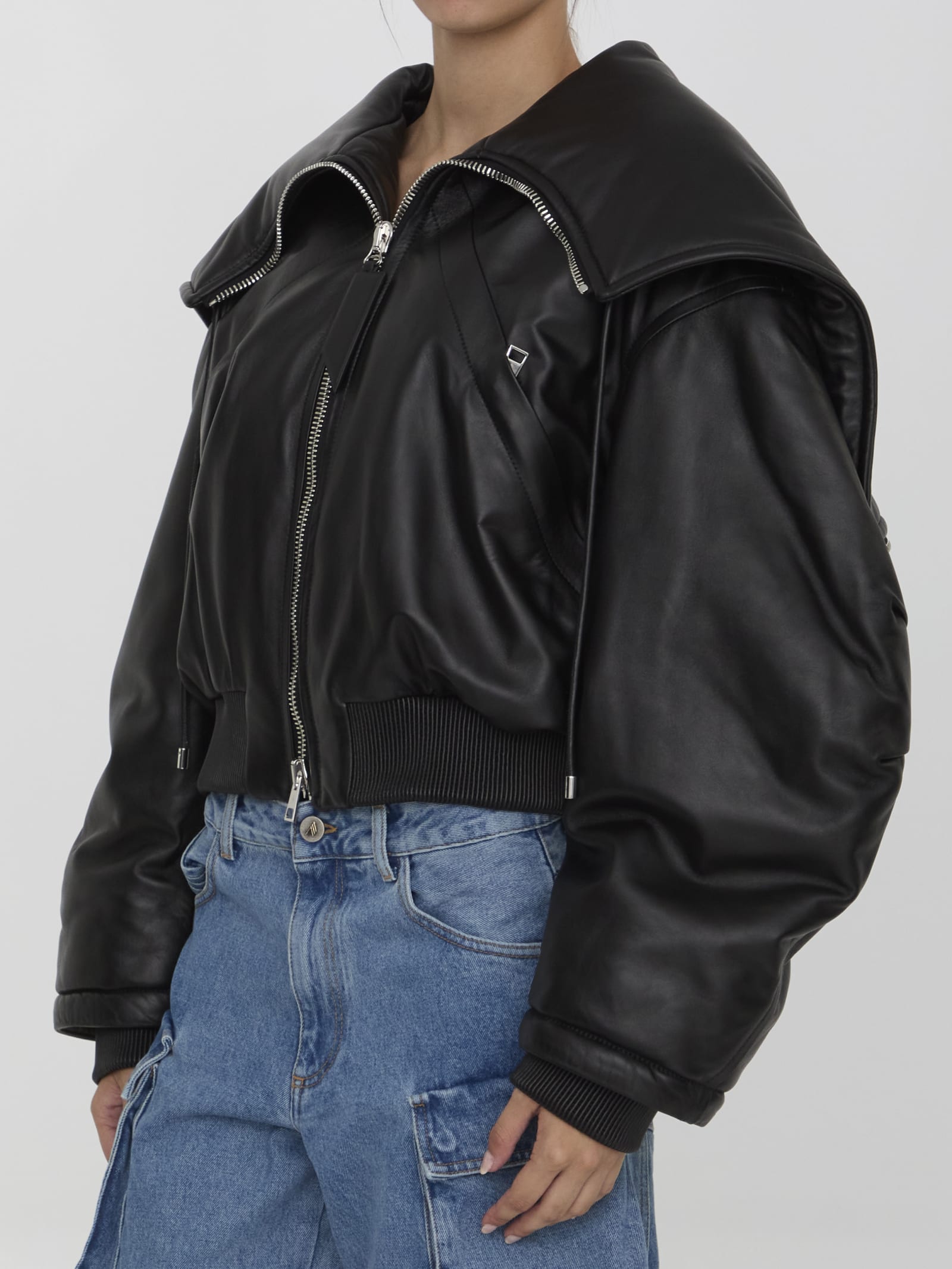 Shop Attico Leather Bomber Jacket In Black