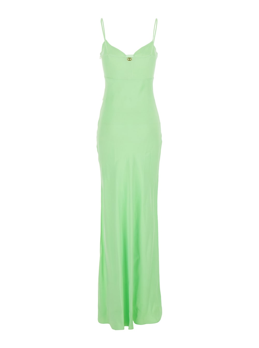 Shop Twinset Green Long Dress With Thin Shoulder Straps And Metallic Logo Plaque On The Back In Tech Fabric Woman
