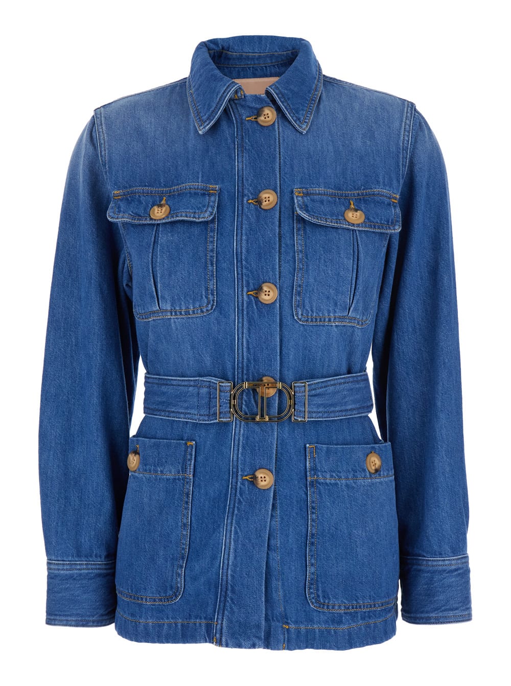 Blue Jacket With Patch Pockets And Adjustable And Removable Waist Belt In Denim Woman