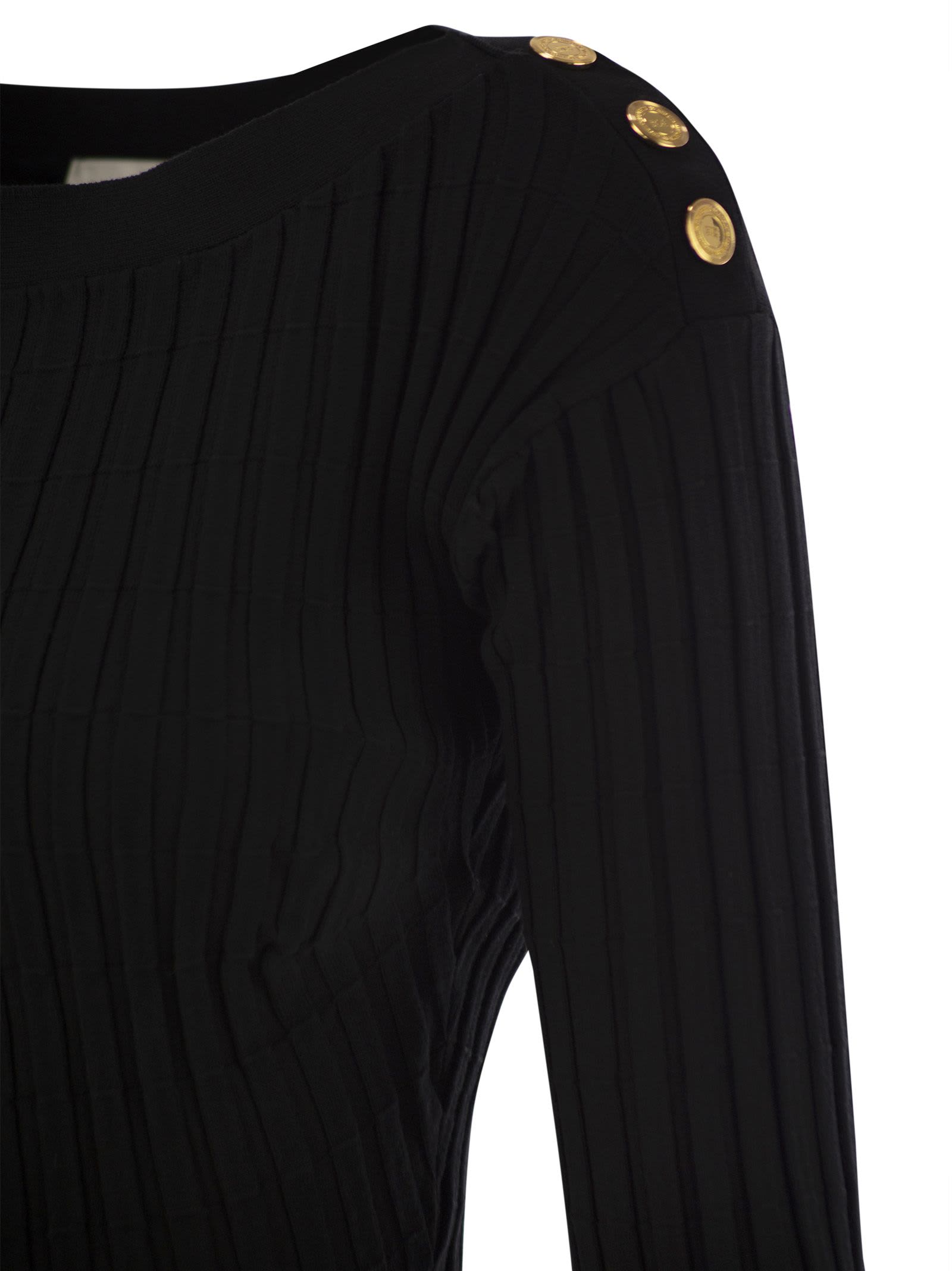 Shop Elisabetta Franchi Ribbed Viscose Cropped Sweater With Button Placket In Black