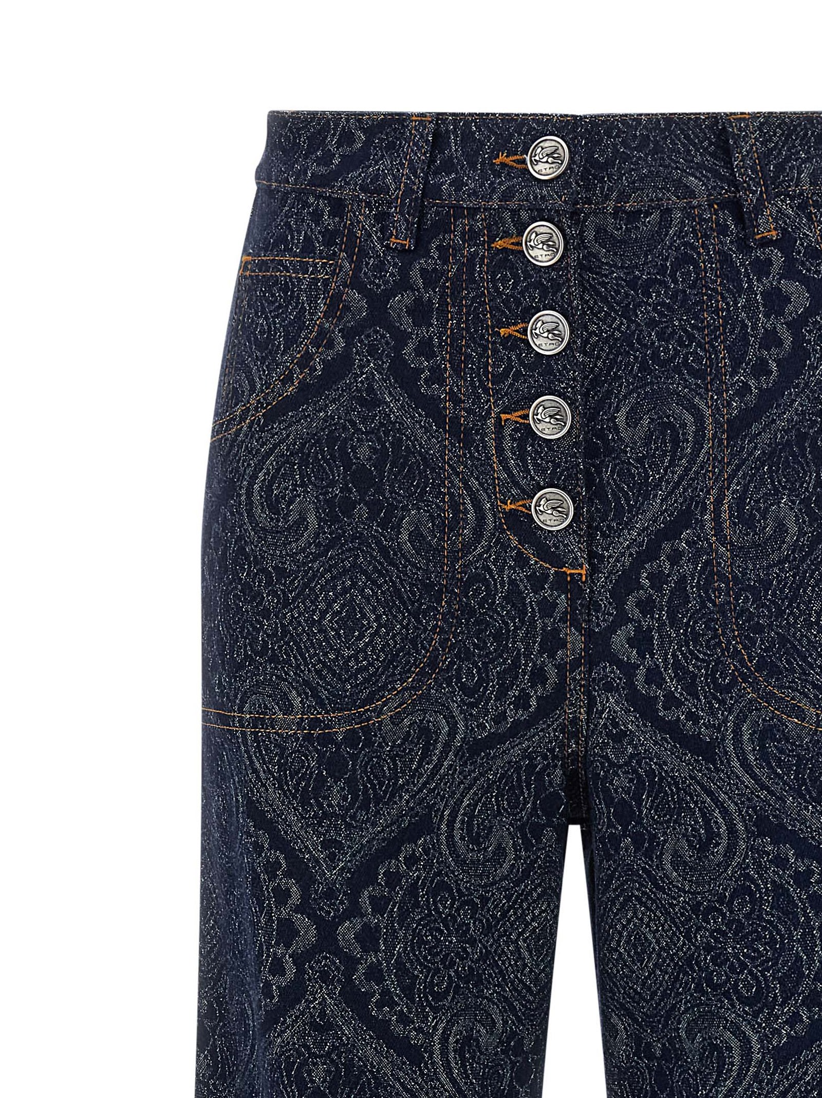Etro Flared Jacquard Denim Jeans With Pegaso Buttons In Blue