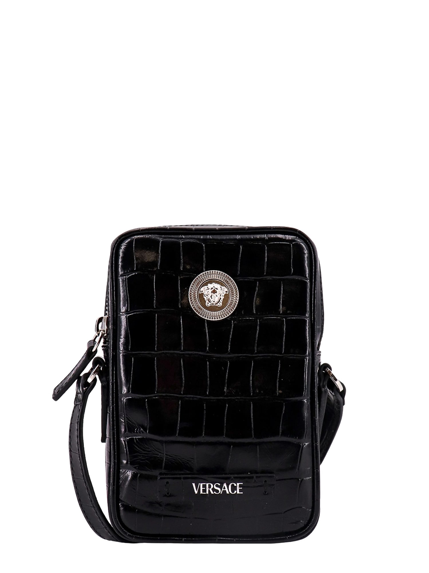 Versus Lion Logo Leather Shoulder Bag in Black