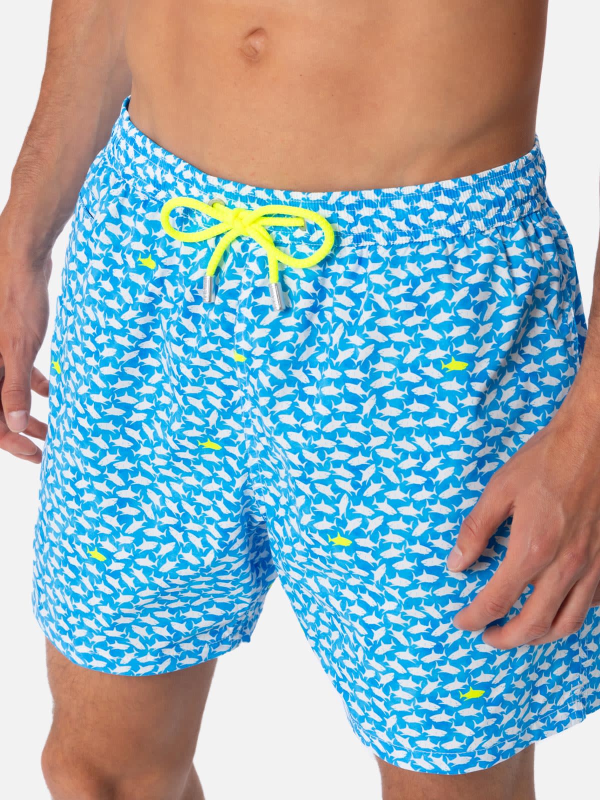 Mc2 Saint Barth Man Comfort Light Swim Shorts With Sharks Print In Bluette