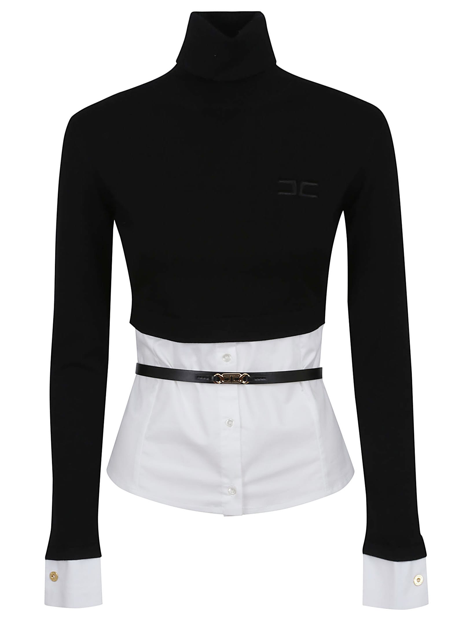 Elisabetta Franchi Turtleneck Top With Contrasting Poplin Insert And Logo Buckle In Black