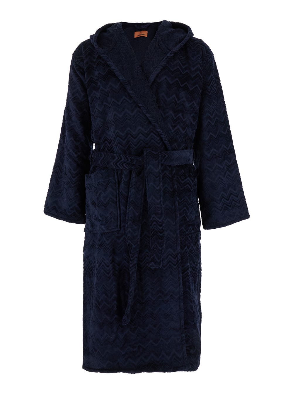 Blue Bathrobe With Zig Zag Motif In Cotton