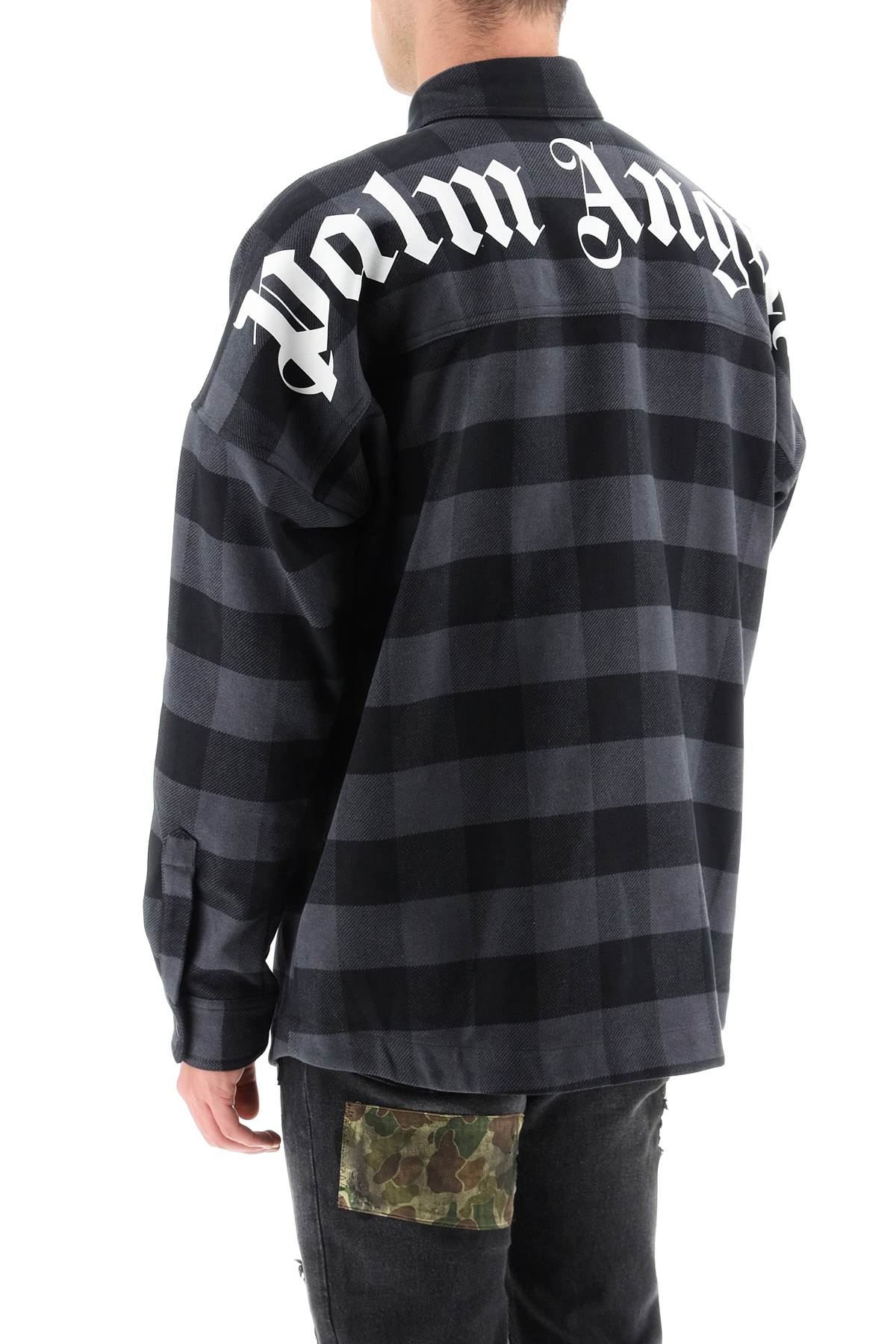 Shop Palm Angels Check Overshirt With Curved Logo Print In Black