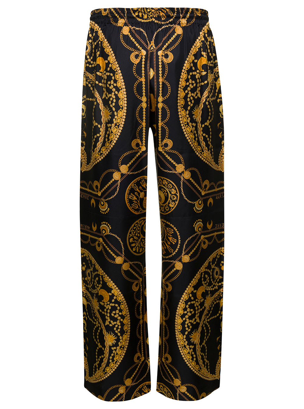 Shop Marine Serre Black Loose Pants With All-over Graphic Print In Silk Man