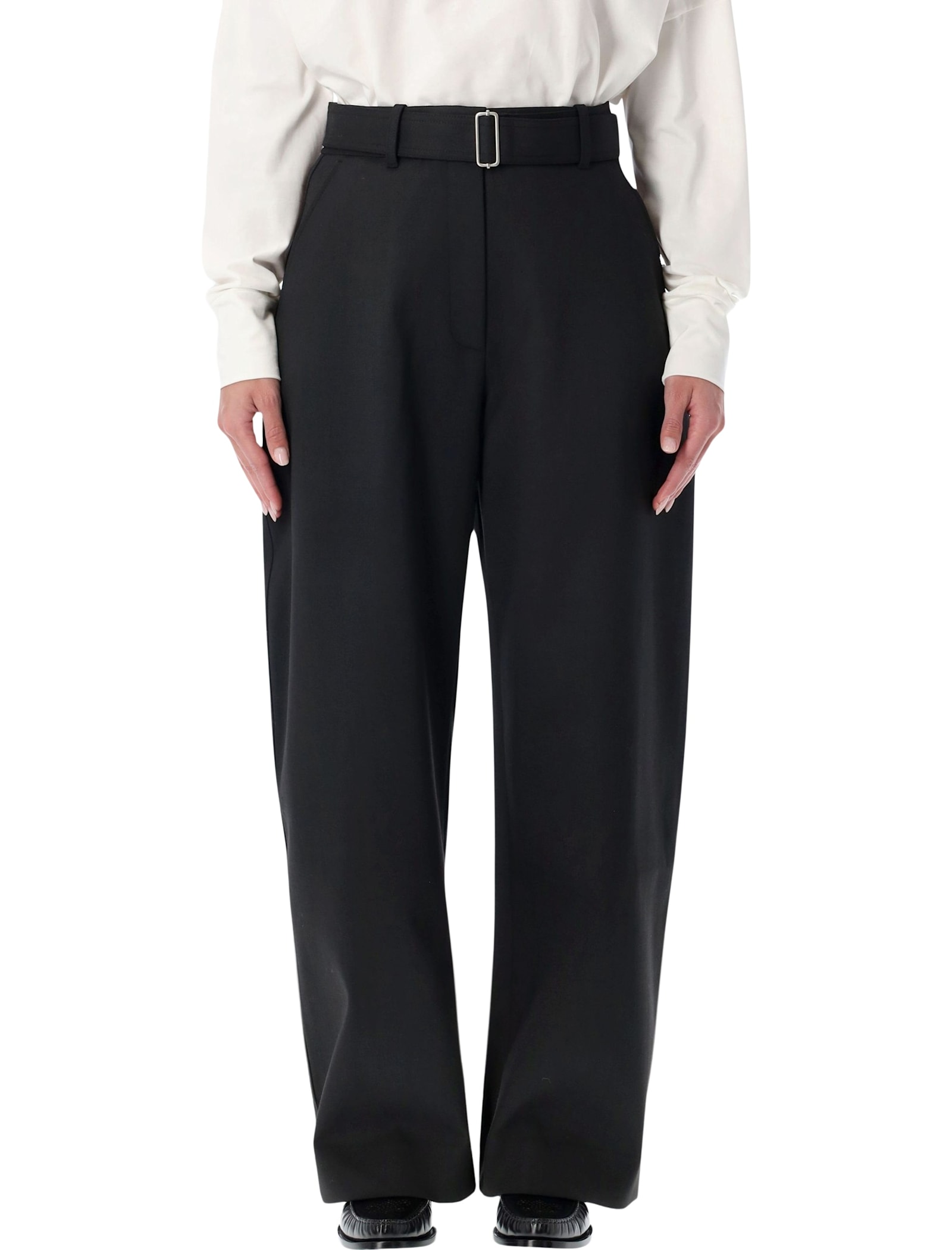 Studio Nicholson Wide Leg High Waist Belted Trousers In Black