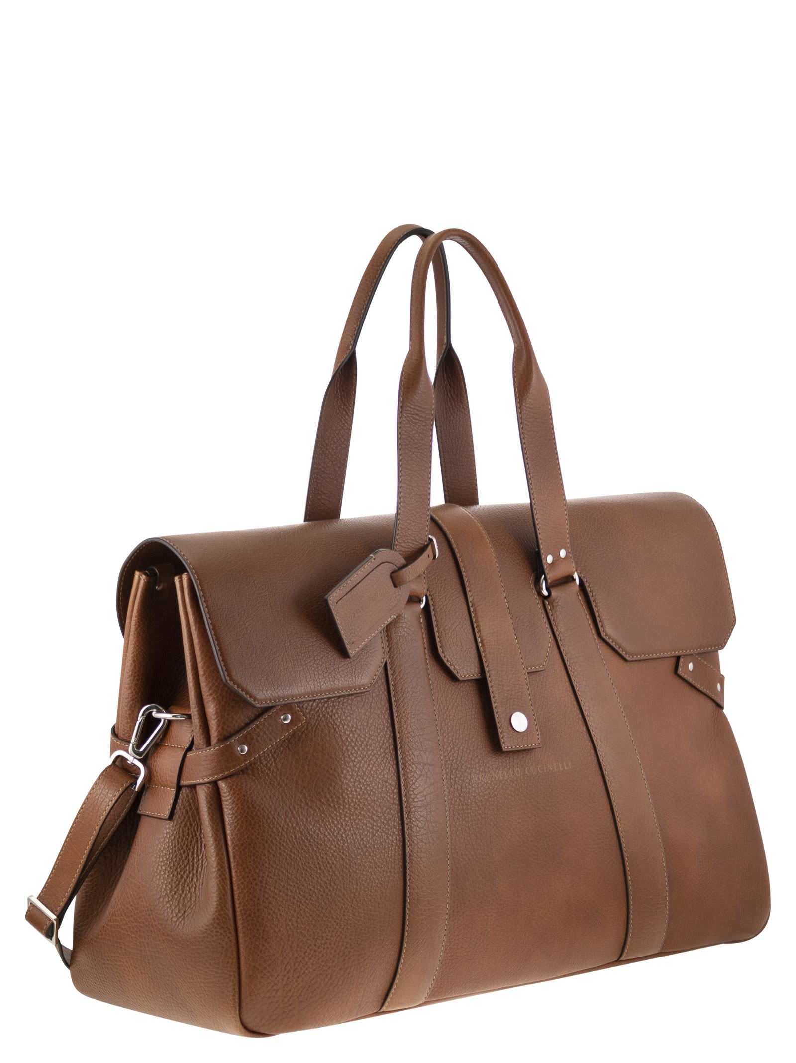 Shop Brunello Cucinelli Country Weekender Bag In Calfskin With Grain In Cognac