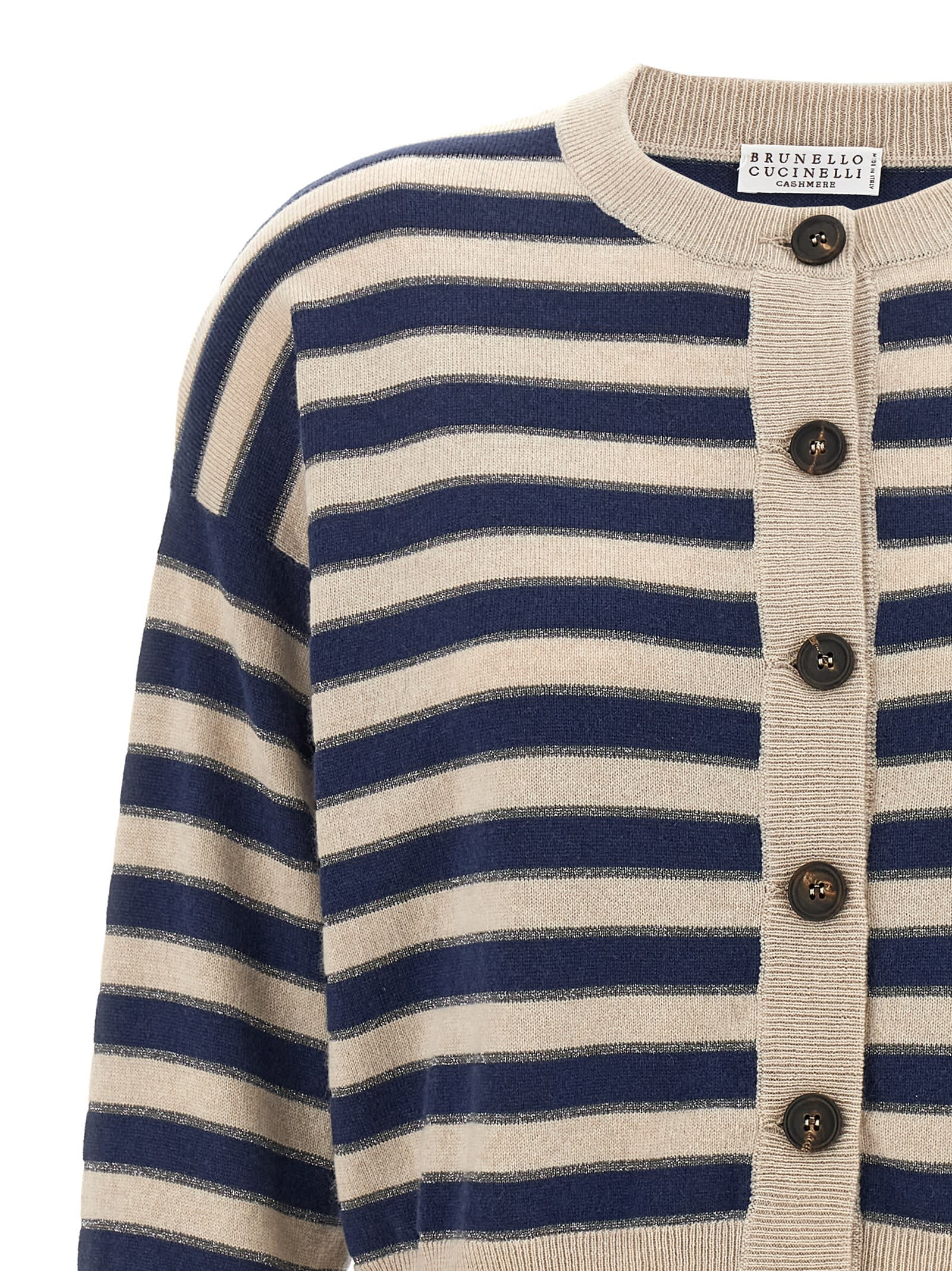 Brunello Cucinelli Shimmering Stripes Ribbed Cardigan In Brown